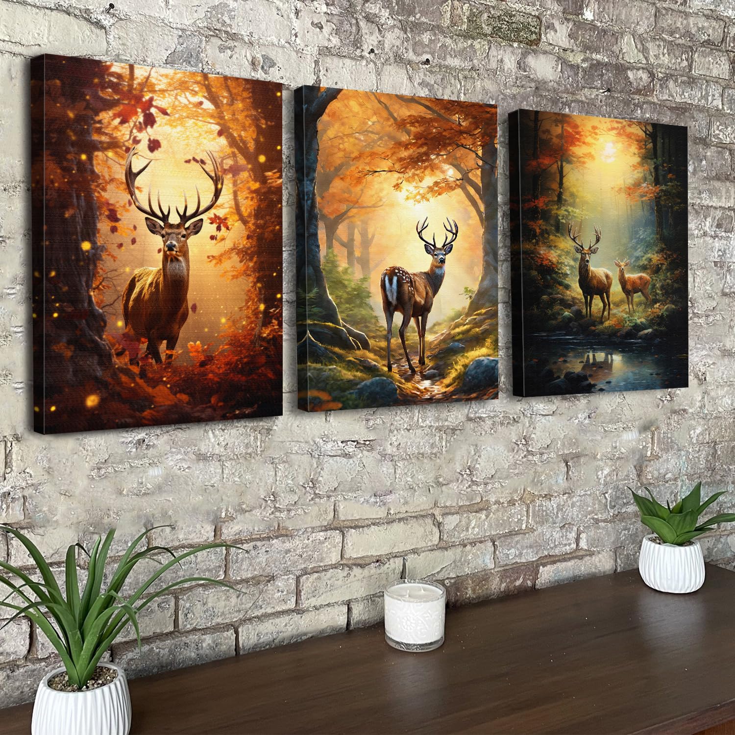 鹿 ウォールアート リビングルーム 3パネル 秋 農家 風景 壁画 アートワーク 額入り キッチン ダイニングルーム すぐに掛けられます  Ouelegent 3ピース 鹿 キャンバス ウォールアート 野生の鹿 家族 素朴な木絵画 スケッチ印刷 寝室 リビングルーム ファームハウス 装飾  ..., image size:1500x1500