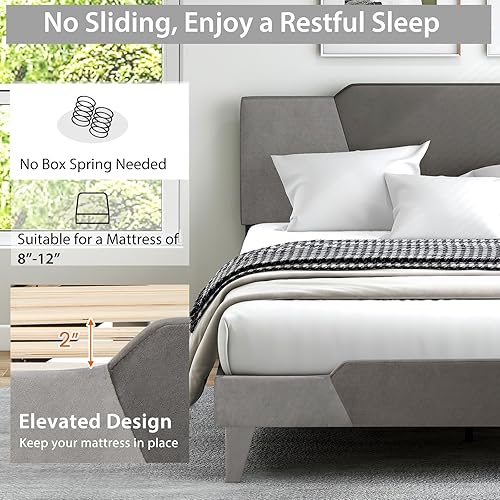 Miniatura 6 de Giantex Marco de cama tapizado de terciopelo Queen con cabecero, cama de plataforma moderna con listones de madera fuertes y estribo de 2 pulgadas