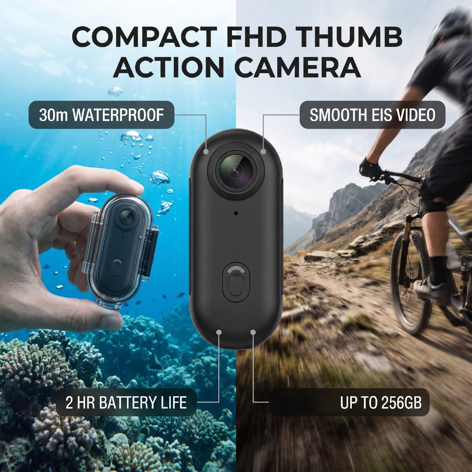 Caméra d'action au Pouce, Boîtier étanche à 30 M pour FHD POV