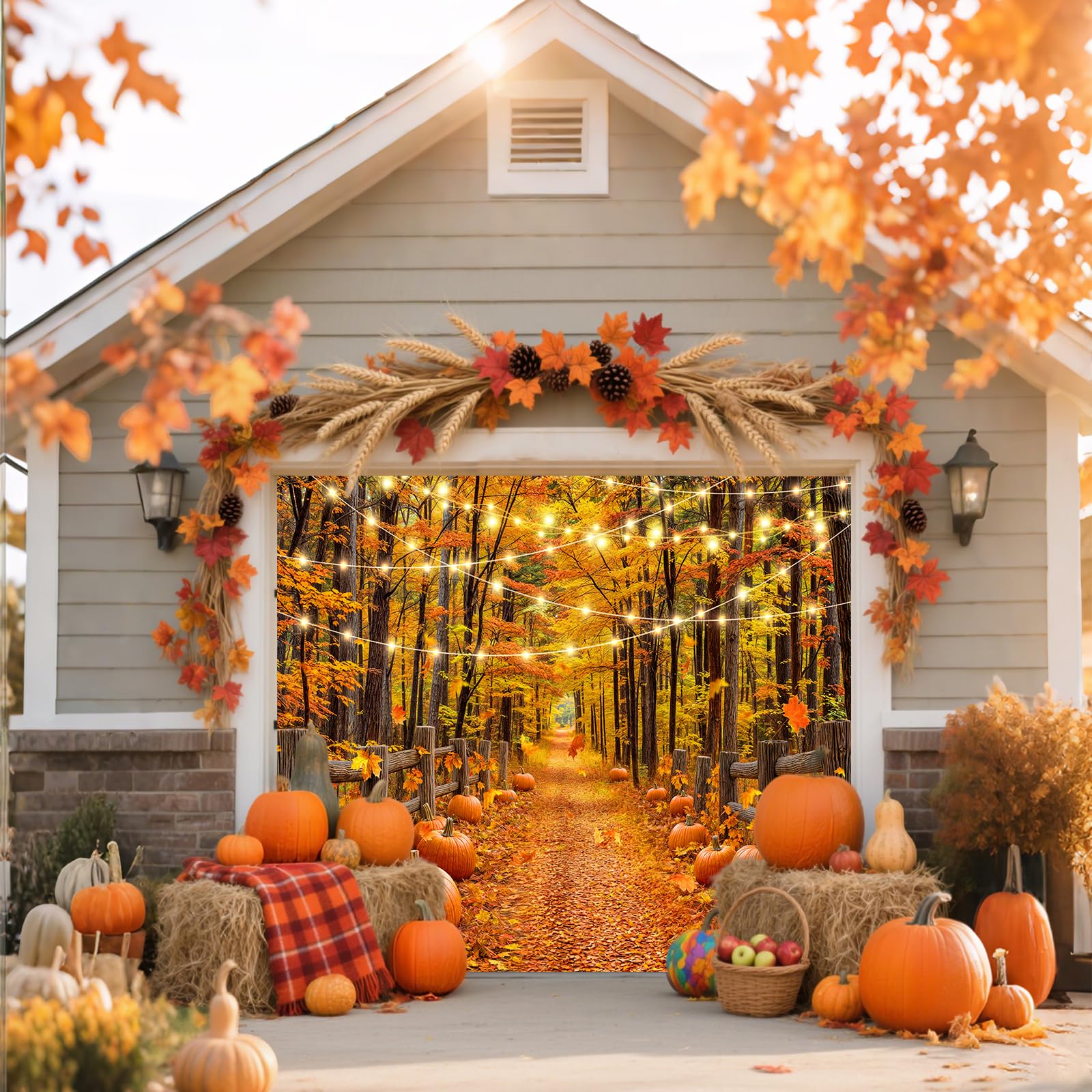 Fall Maple Leaves Garage Door Cover Banner Decorations, Thanksgiving Autumn Forest Pumpkin Outdoor Car Garage Door Murals Buddy Decorations Backdrops