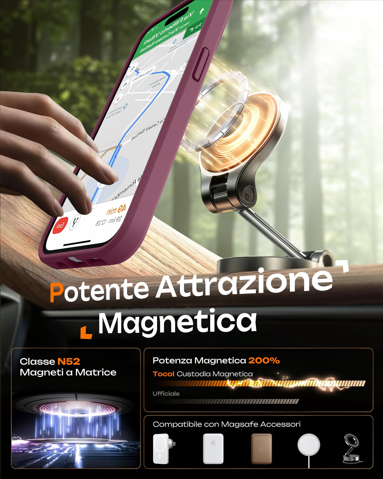 TOCOL Cover Magnetica per iPhone 13 Pro 6,1 Pollic, Compatibile con MagSafe, Protezione Fotocamera Integrata, Custodia Antiurto Traslucida Opaca, Prugna