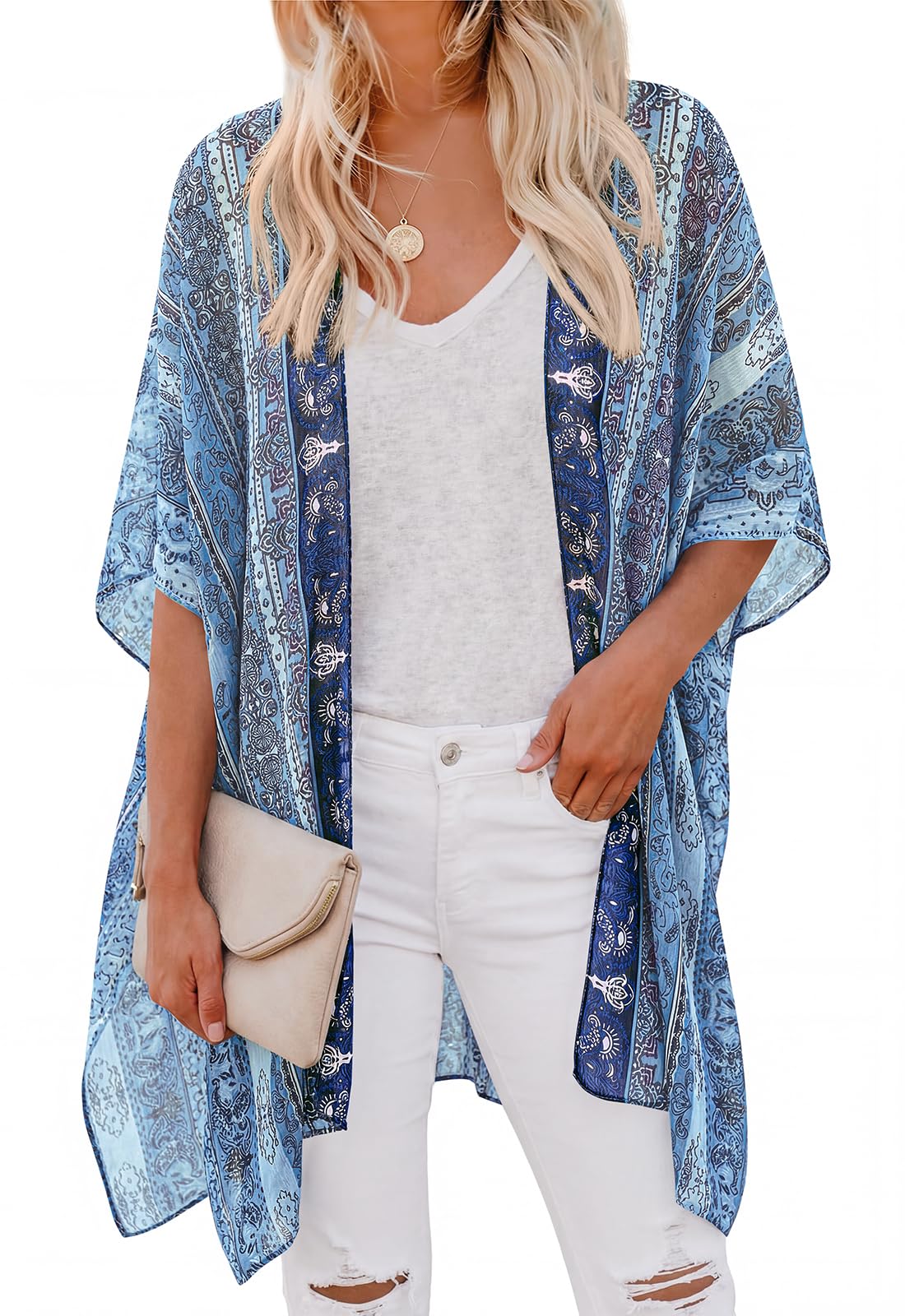 PRETTYGARDEN Summer Kimonos for Women Boho Floral Short Sleeve Flowy Cardigans Swimsuit Beach Cover Ups for Women Swimwear