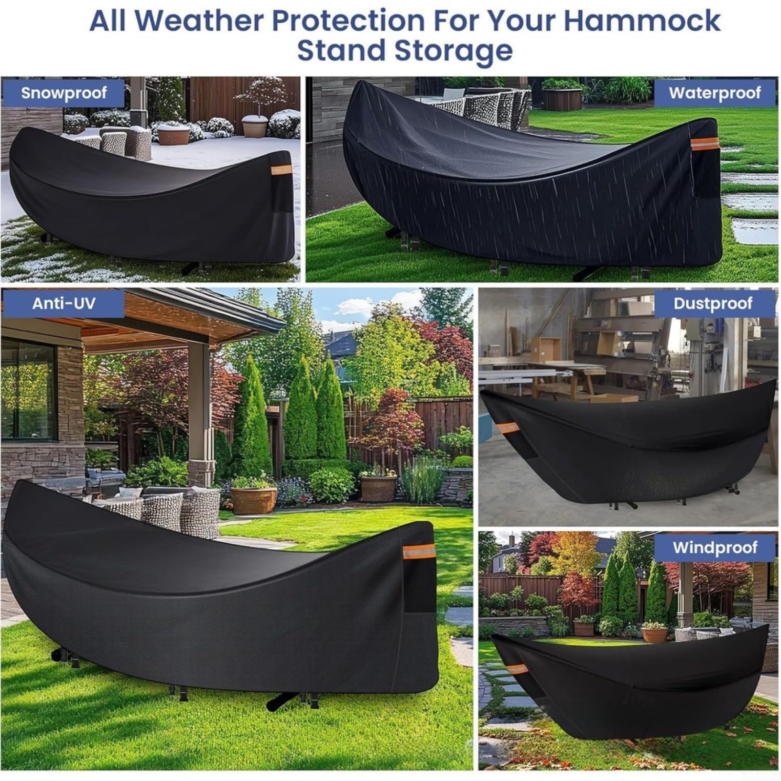 Housse de hamac d'extérieur en tissu Oxford imperméable 370 x 140 x 93 cm coupe-vent protection UV résistante aux intempéries avec boucles réglables et ourlets élastiques Noir (PVC 600D noir)