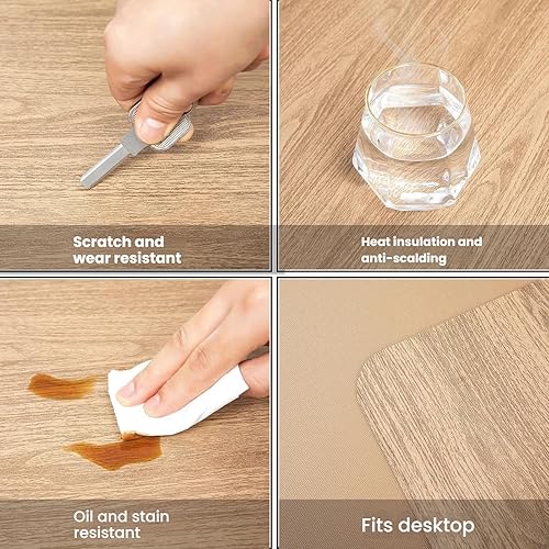 Miniatura 3 de Elegante alfombrilla de escritorio de cuero de grano de madera, antideslizante, grande, alfombrilla para teclado (24 x 12 pulgadas), protector de