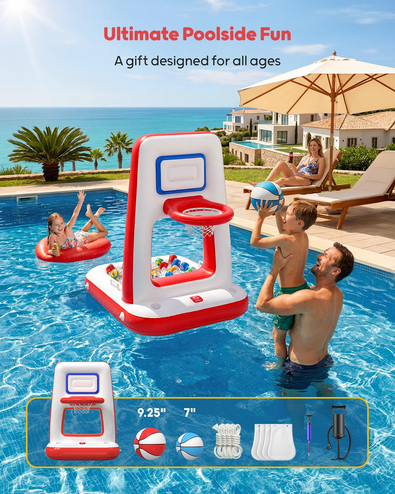 QPAU Pool Basketballregal mit eingebautem Kühlgerät, 42-Zoll, schwimmend, mit 2 Bällen, Pumpe und Kacheln, Poolspielzeug für Kinder