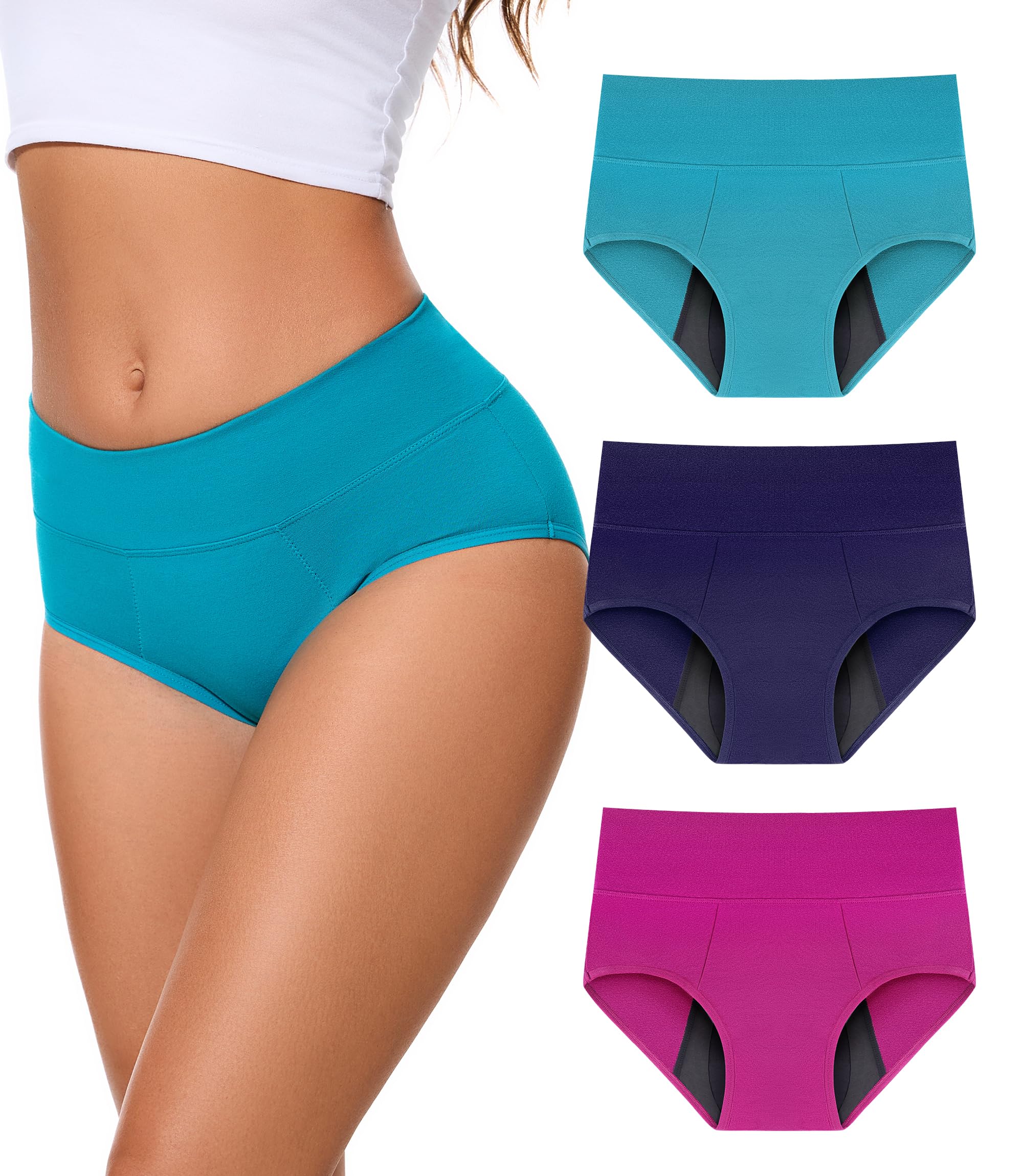Bobelle Wear Incontinence Underwear for Women, 100ML Period High Waisted Leakproof Washable Protective Briefs for Postpartum Bladder Leak Cotton, 3 Pack (Large, Multicolor01)
