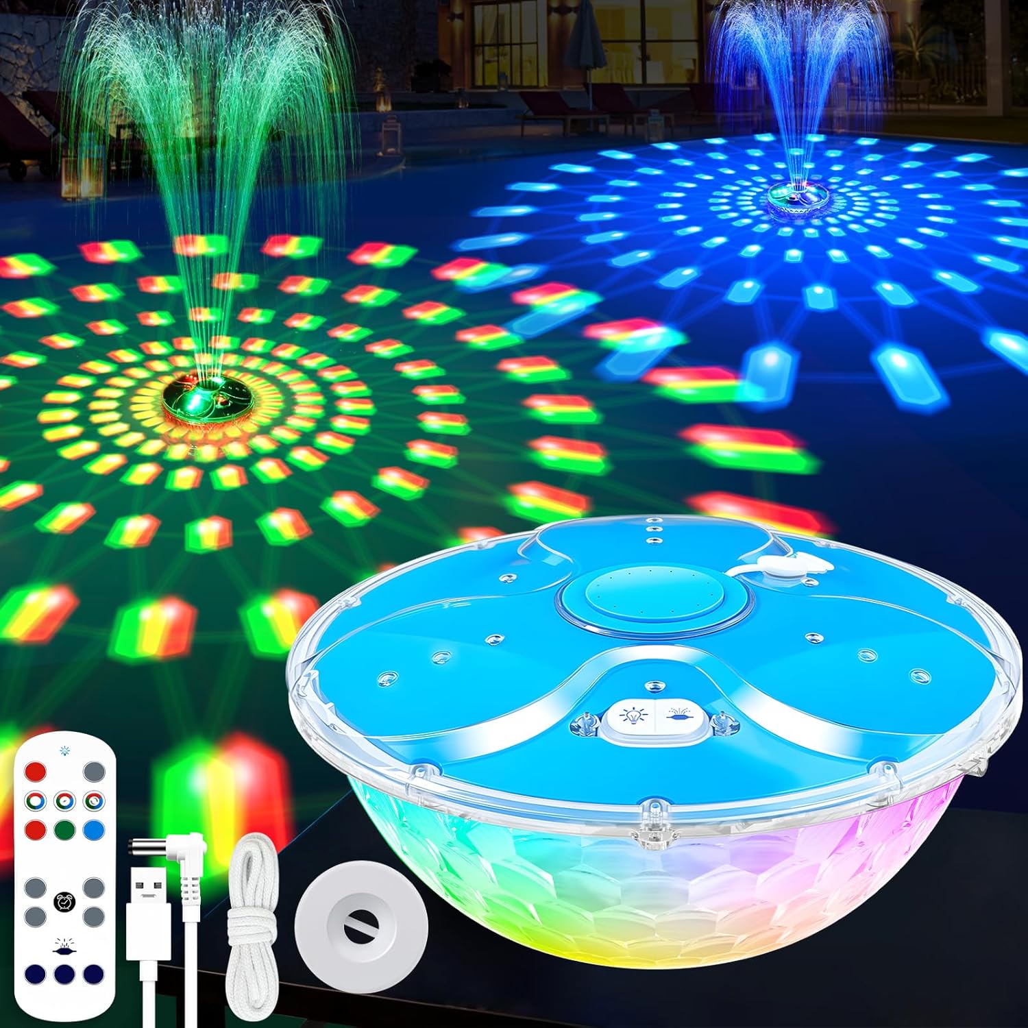 Rechargeable Pool Fountain with Remote,8000mAh Floating LED Pool Fountain with Light,Above Ground Pool Water Fountain Pump,Outdoor Swimming Pool Sprinkler Fountains for Inground Pool Decor-Blue