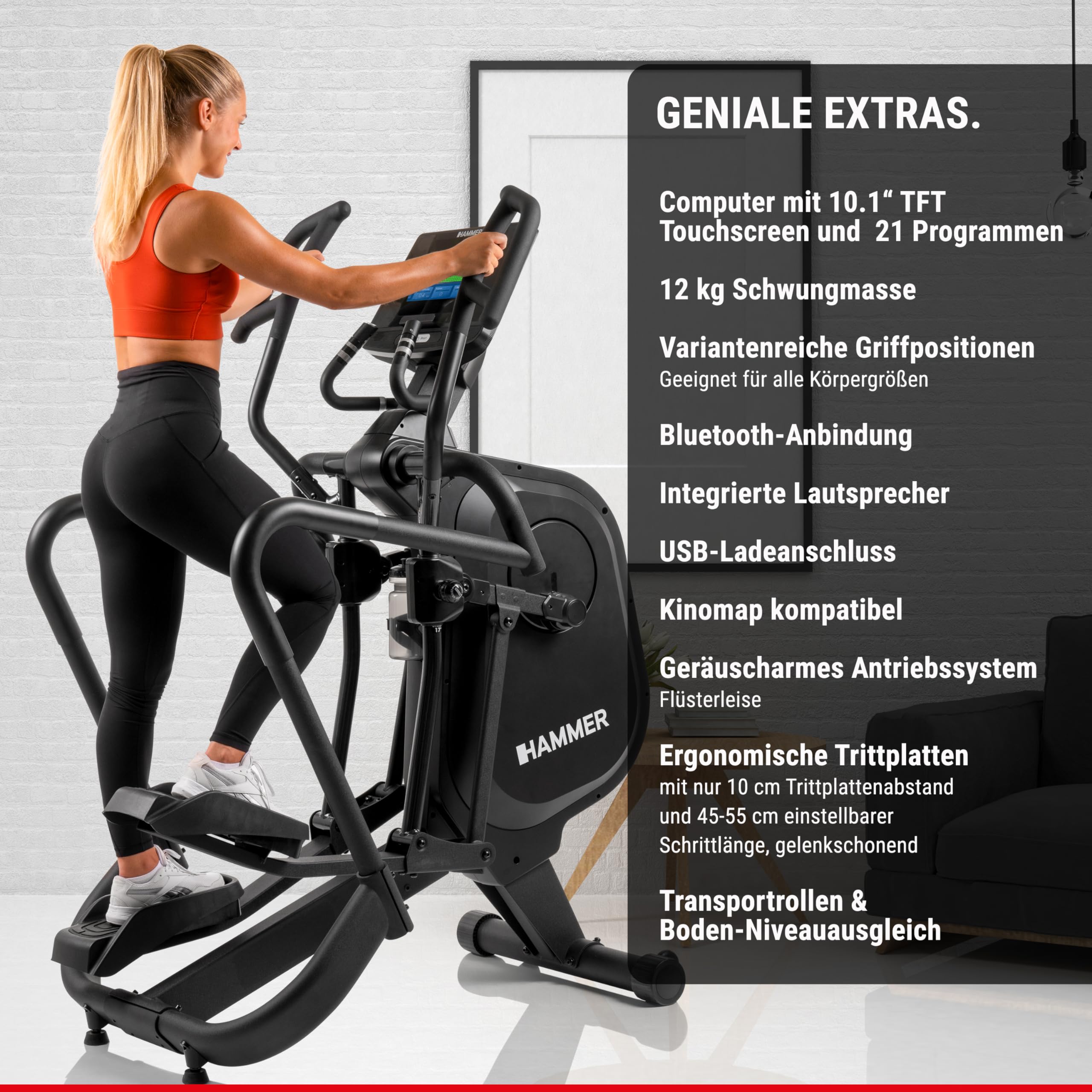 HAMMER Finnlo Ellipsentrainer Fly RX – 21 Programme, Kinomap kompatibel - Trainingsgeräte für Zuhause mit 12 kg Schwungmasse, Frei schwingende Trittflächen, 10" TFT-Touchscreen