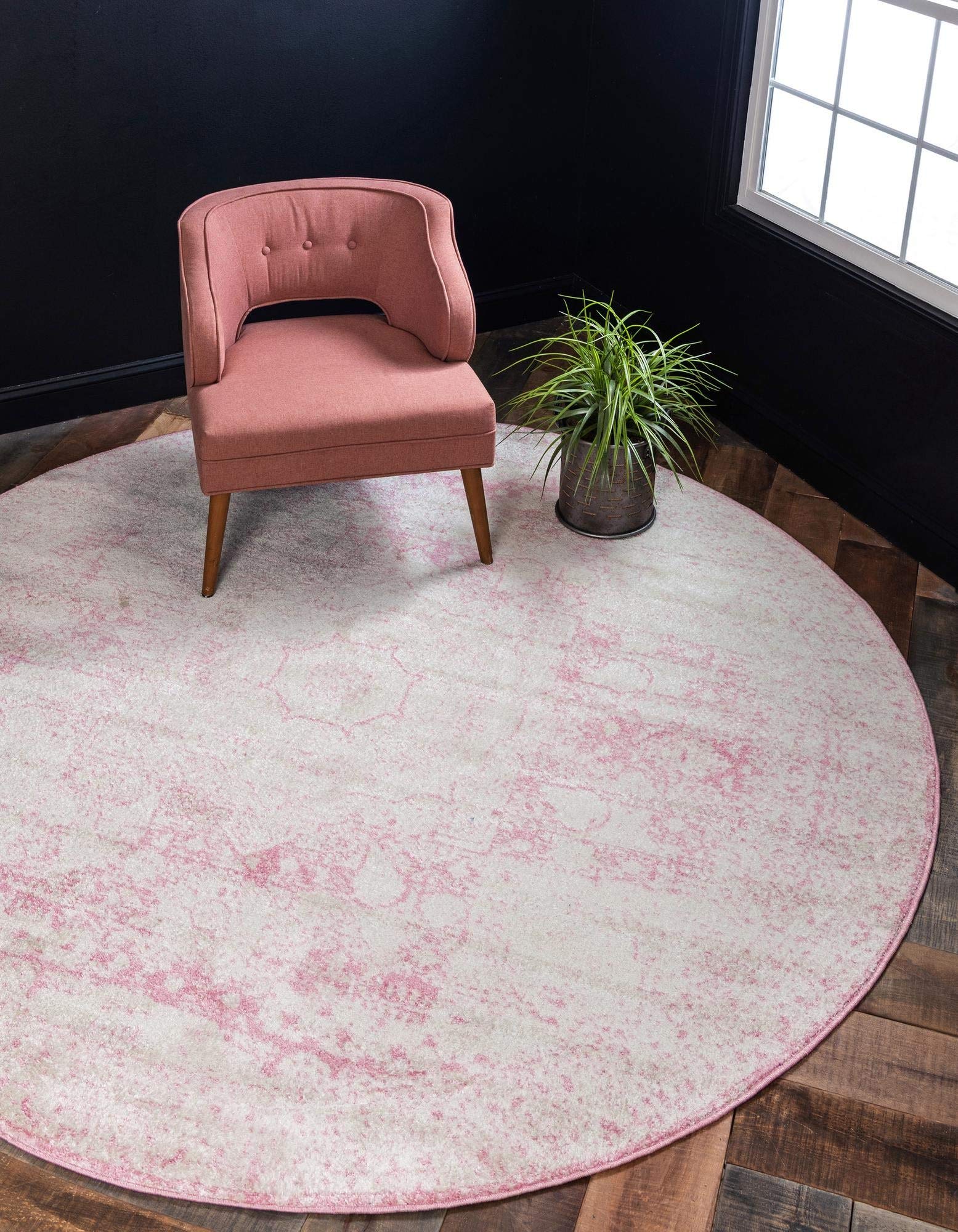 Rugs.com Dover Collection Rug – 3 Ft Round Pink Low-Pile Rug Perfect for Kitchens, Dining Rooms