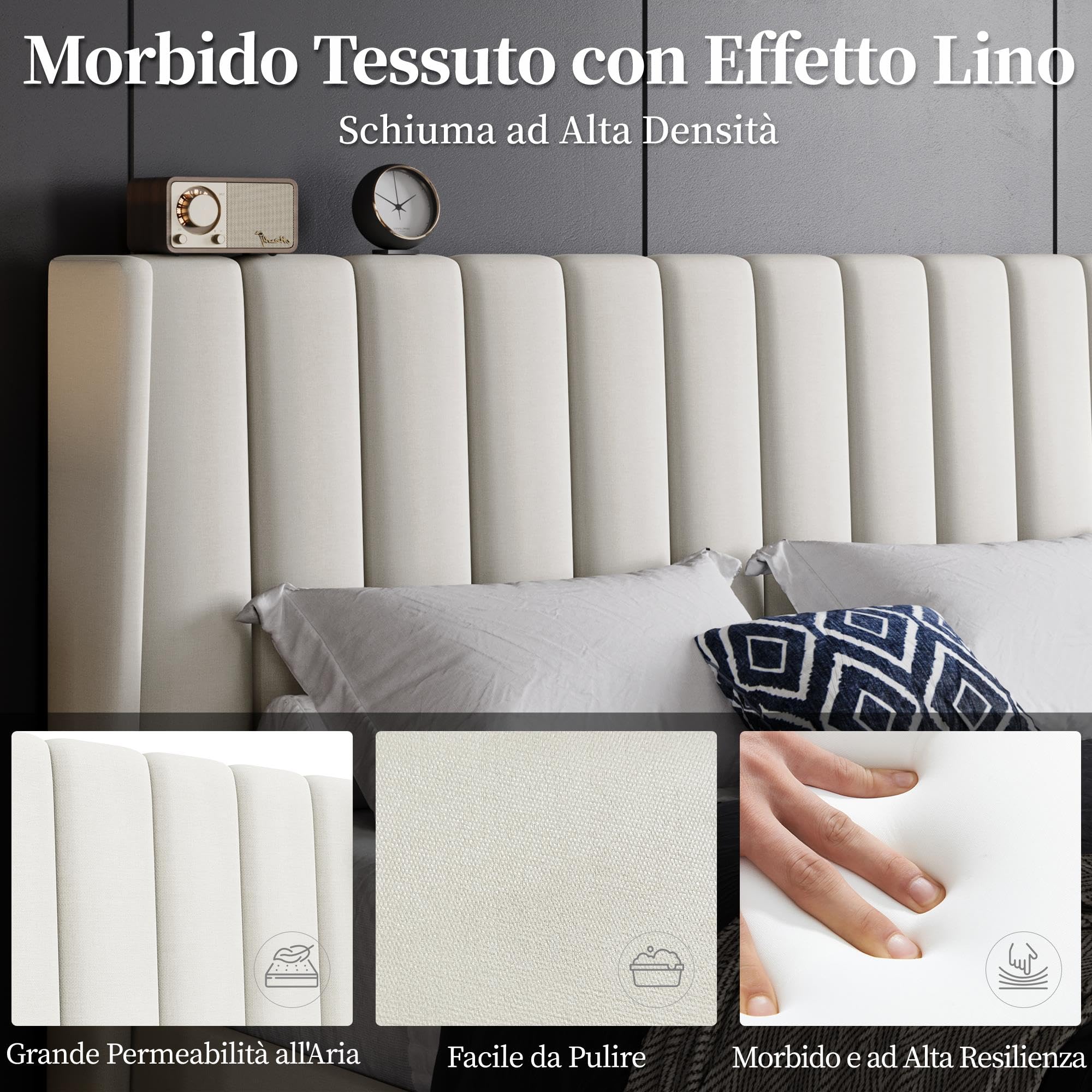 Yaheetech Letto Imbottito 160 x 200 cm Matrimoniale Testiera a Strisce con Rete a Doghe in Legno e Metallo Struttura Letto a Piattaforma Antirumore Montaggio Facile e Veloce Beige