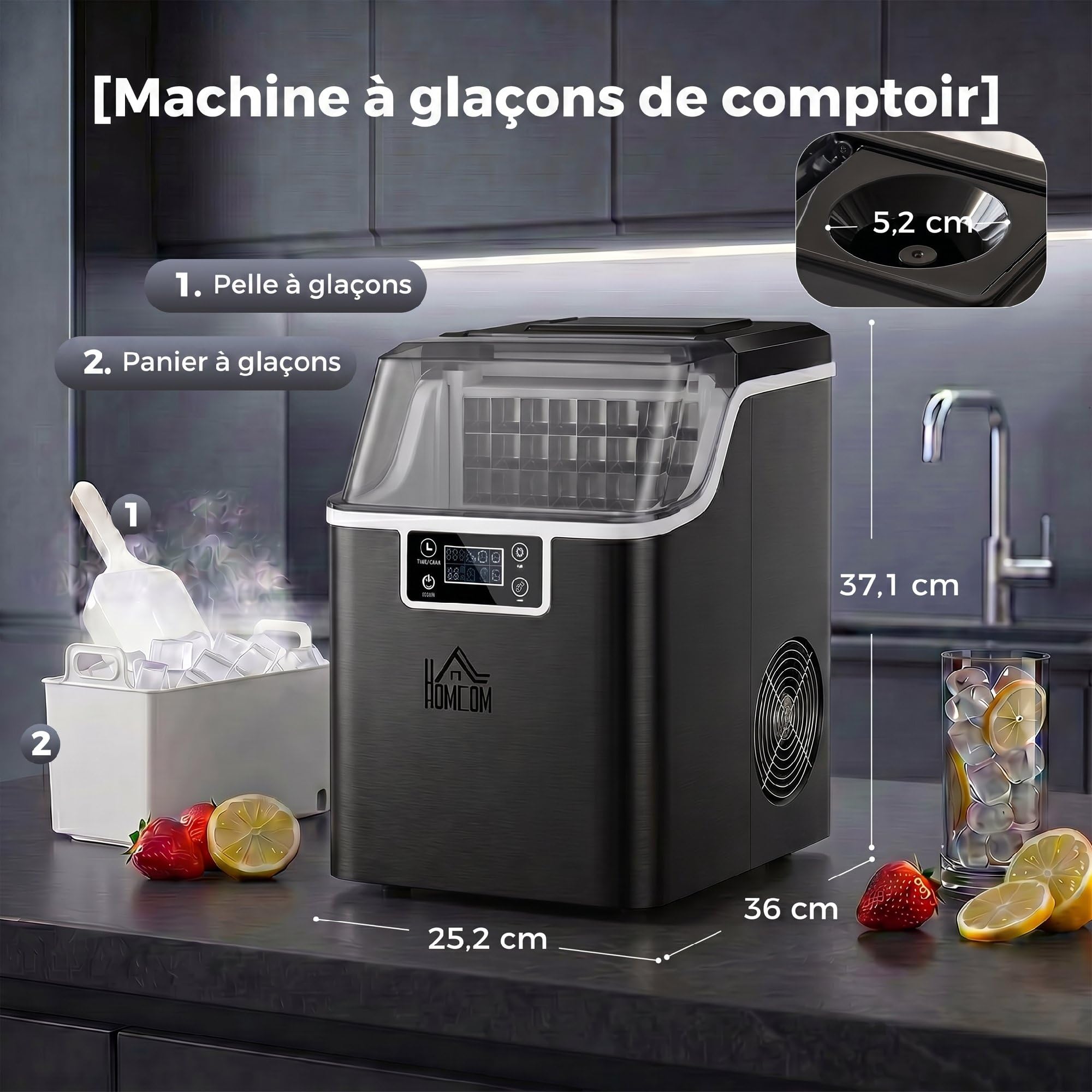 HOMCOM Machine à glaçons, 20 kg en 24h, 24 glaçons en 14-18 min, épaisseur de glaçon réglable, ice maker portable avec fonction autonettoyante, peut charger seau d'eau, pour maison, cuisine, bar, noir