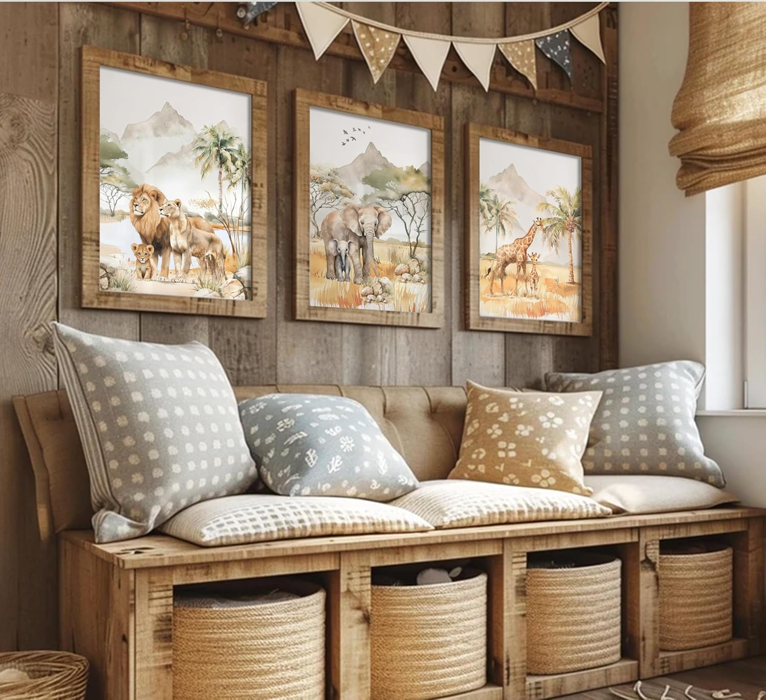 Safari Animals Nursery Wall Art Woodland Animals Nursery Wall Decor Cute Giraffe Elephant Lion Picture Painting Tropical Savanna Poster Print Artwork for Baby Room Boy Room Kids Room Decoration