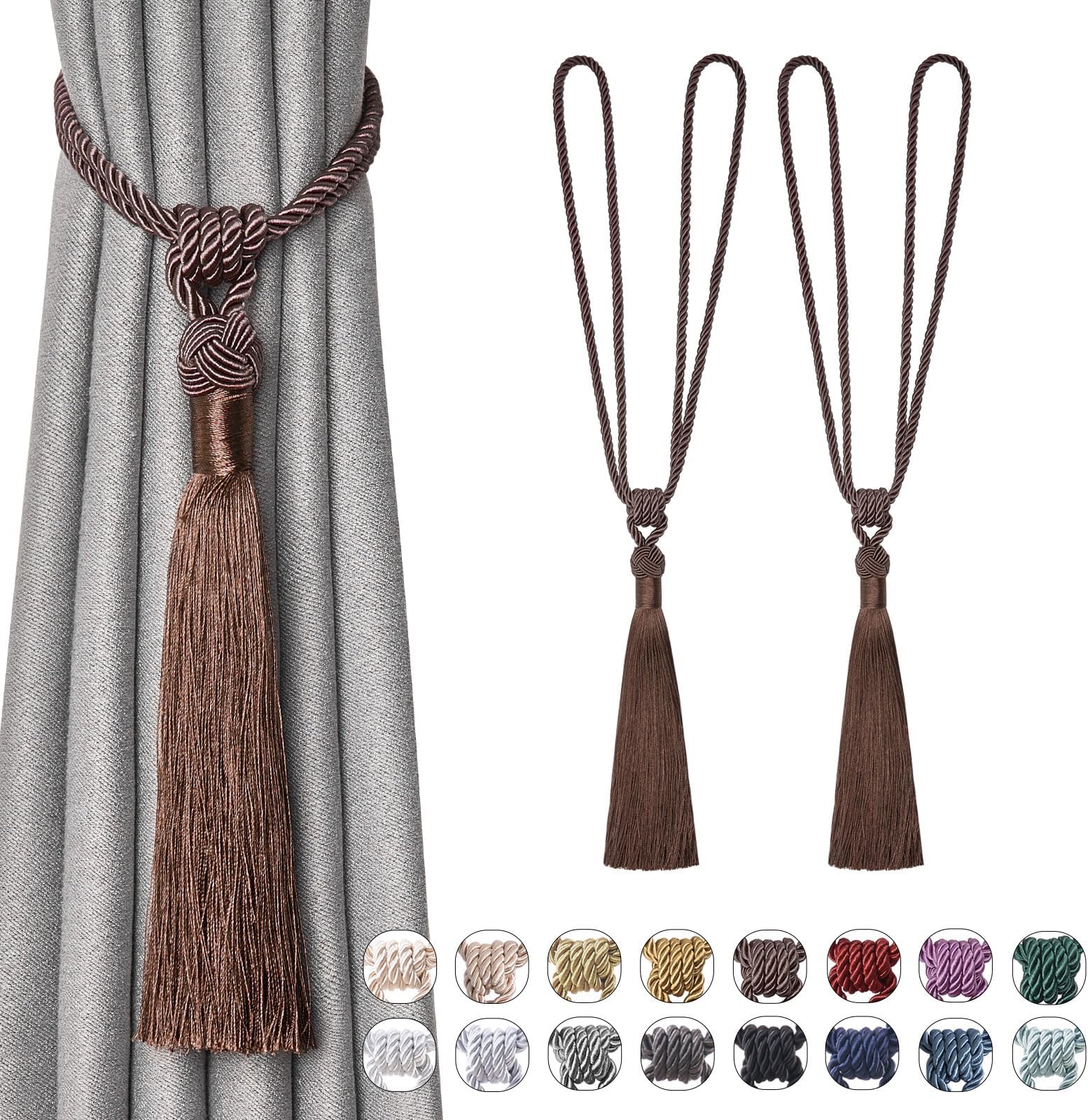 Pretty Jolly 2 Pack Long Tassel Curtain Tiebacks Handmade Braided Rope Knot Drape Tie Backs European Style Decorative Curtain Holdbacks for Home & Office Window Drapery (Deep Coffee)
