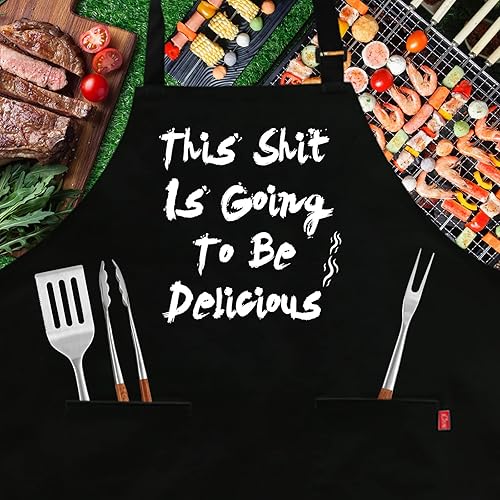 Miniatura 2 de Delantal divertido para barbacoa para hombres, delantal de chef con 2 bolsillos, correa ajustable para el cuello y lazos de 40 pulgadas de largo,