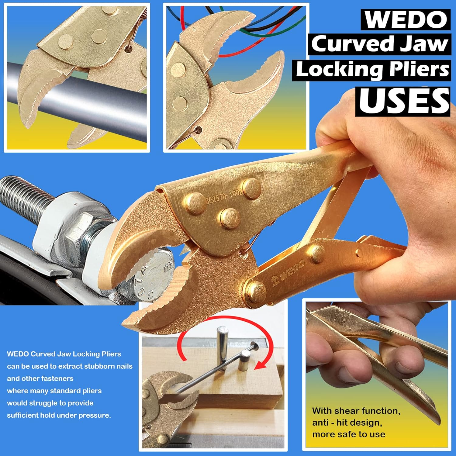 WEDO Locking Pliers 10-Inch,Non-Sparking Curved Jaw Locking Pliers with Wire Cutter,Aluminum Bronze,DIN Standard,BAM Certificate,Die-forging