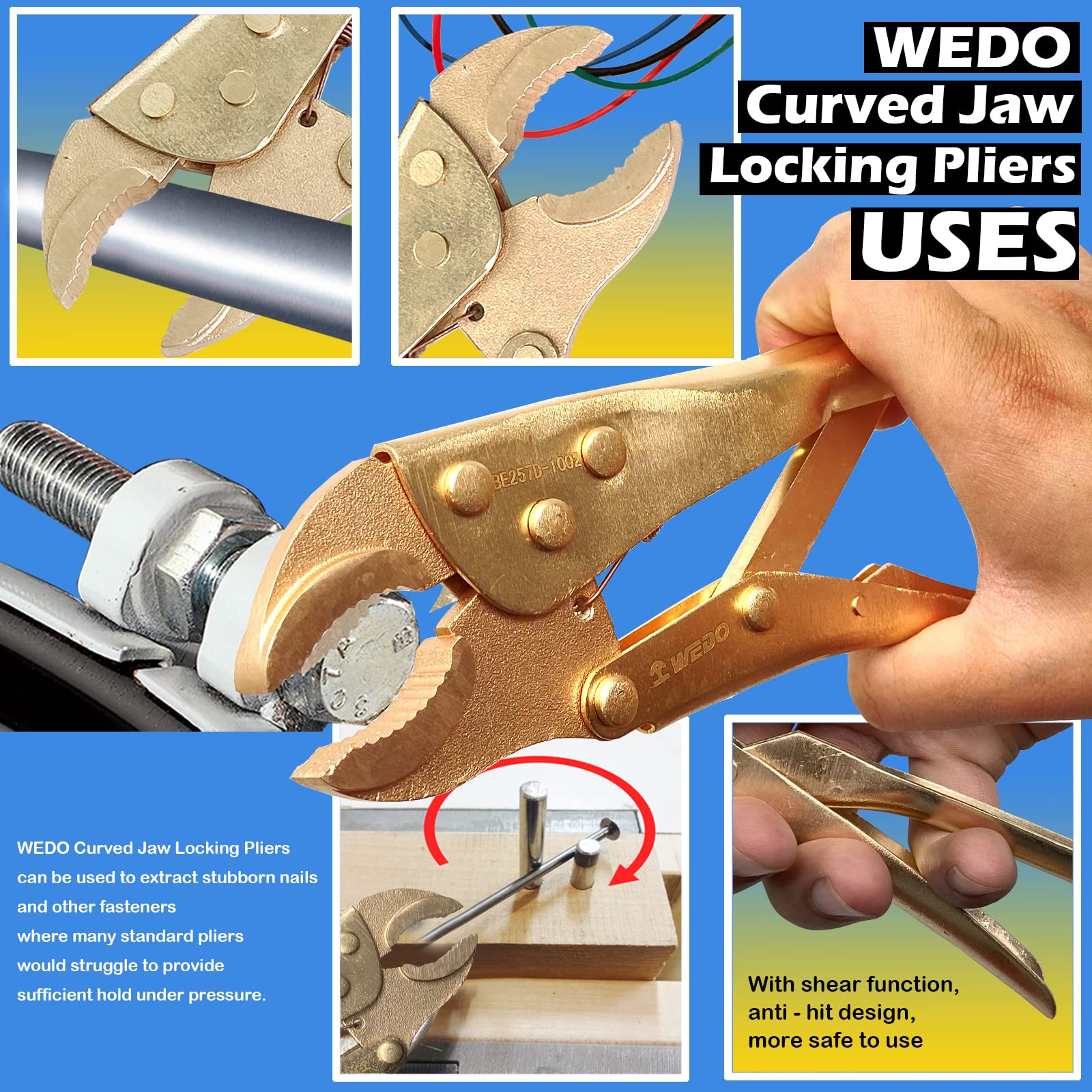 WEDO Pinze di bloccaggio senza scintilla, pinze di bloccaggio a ganascia curva con tagliafilo, bronzo di alluminio, standard DIN, certificato BAM e FM, 9 pollici, 10* 40mm