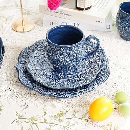 Miniatura 5 de Sungmor Vajilla Fina de Gres en Relieve para Cenas Elegantes, Juego de Platos de Cena de Porcelana de Estilo Barroco Antiguo de 2 Piezas (Plato de