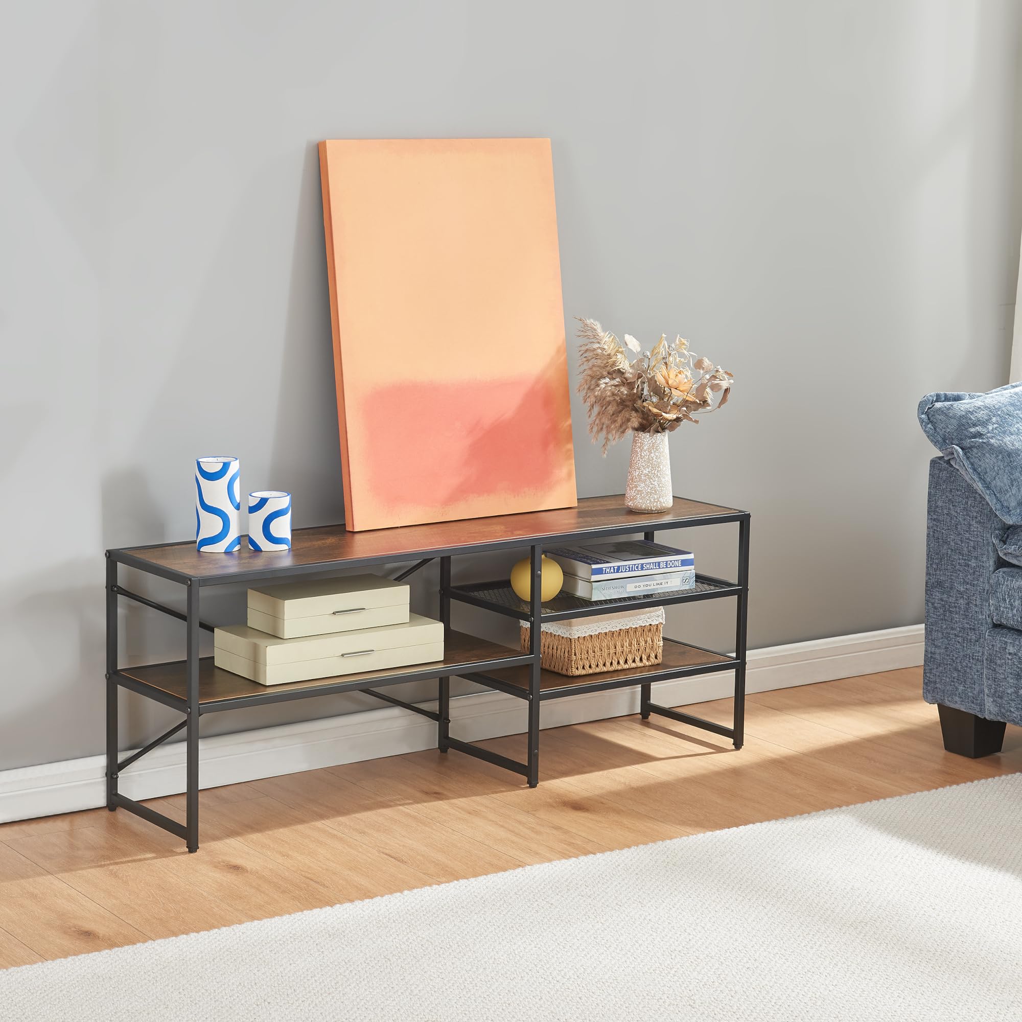 [en.casa] Mobile TV Moderno Aperto Tavolino Porta TV Consolle Bassa con Ripiani Stand TV e Centri Multimediali 120 x 30 x 46 cm Nero/Effetto Noce