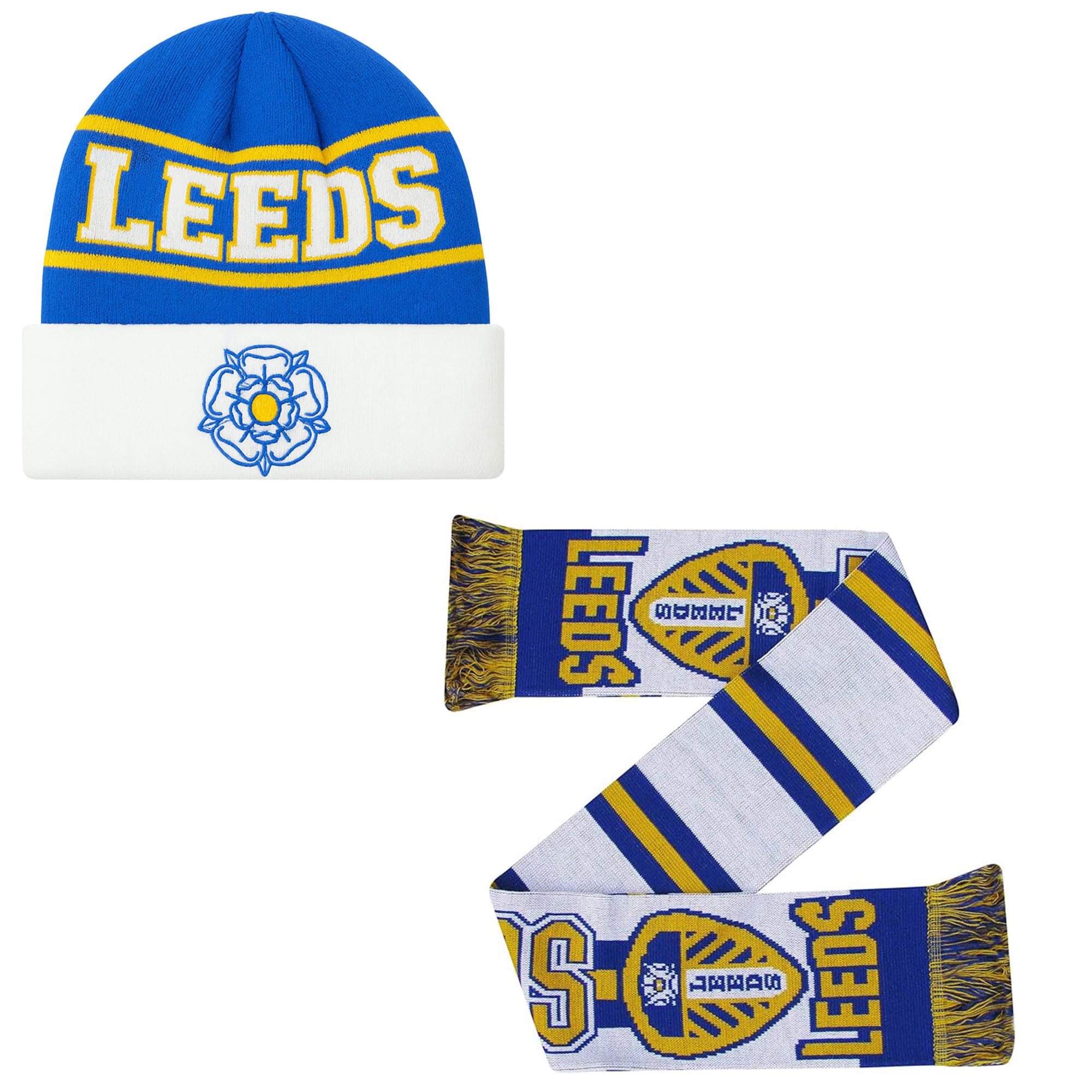 Beyond Happy Unisex Beanie Hat & Scarf Leeds Bobble Hat – 100% Acrylic, Heavy Duty Ski Hat With Yorkshire Rose Emboidery, 'Pride Of Yorkshire' - Leeds Football Accessory (Uk, Alpha, One Size, )