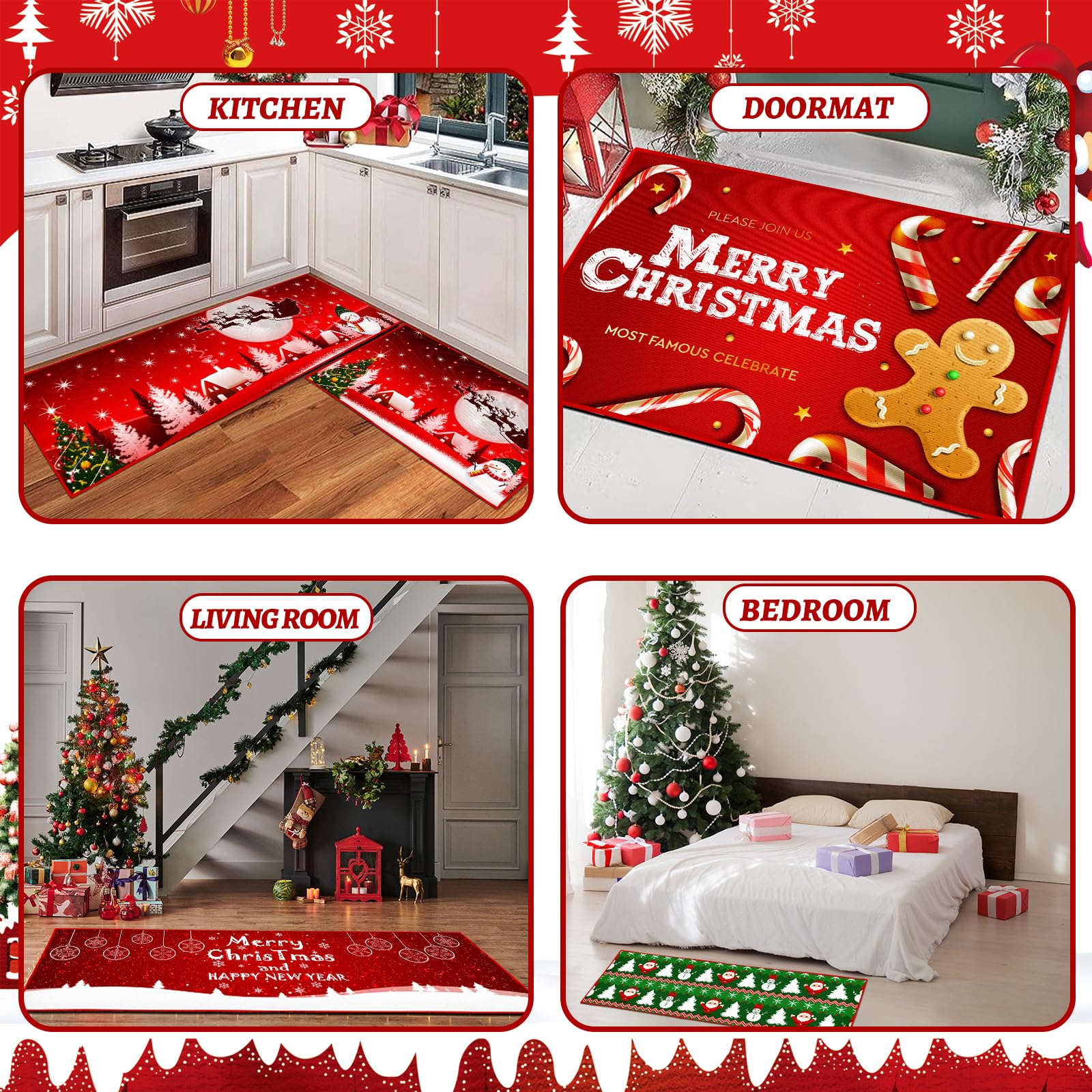 Tapis de Noël antidérapant lavable Père Noël 40 x 60 cm 40 x 120 cm