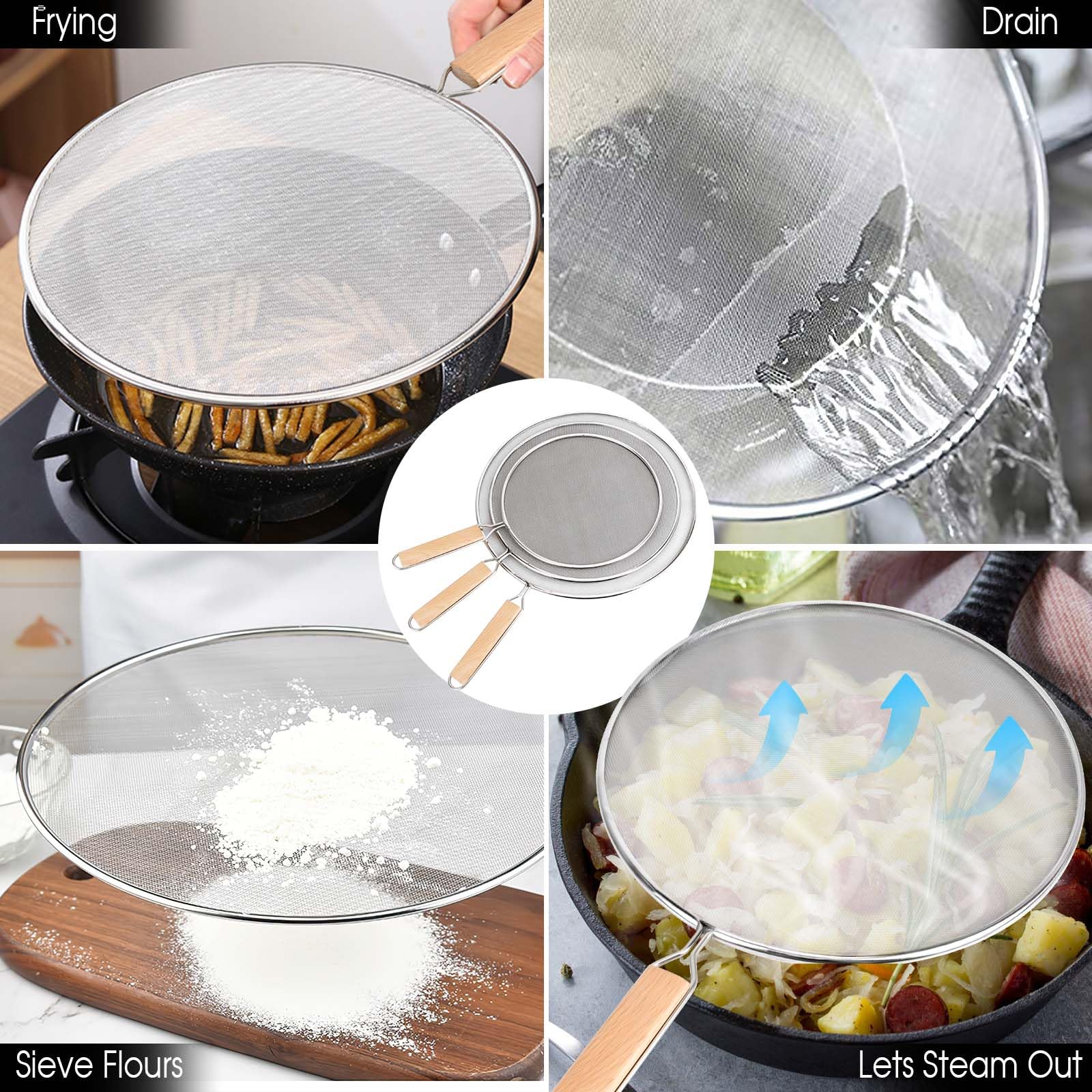 Dadabig 3 Piezas Tapa Antideslizante, Protector Pantalla Antisalpicaduras de Acero Inoxidable 304, Protector Salpicaduras con Mango, 21cm, 25cm, 29cm