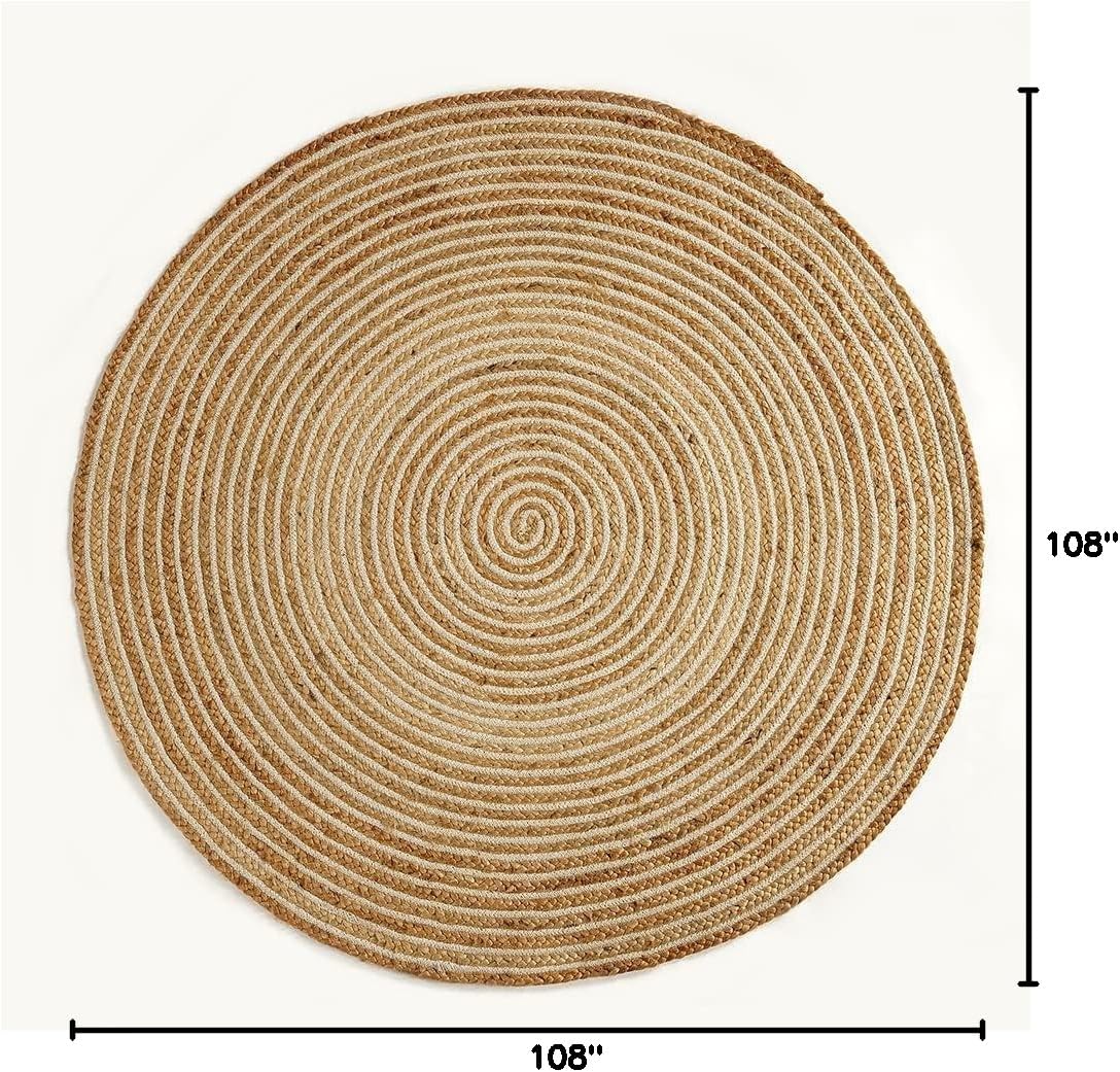 gruhum handwoven 9ft jute area rug natural fiber cotton round boho farmhouse rustic vintage soft braided reversible eco friendly rugs- indoor outdoor kitchen bedroom living room hallways (9'ft round) 9' (round) natural- 13