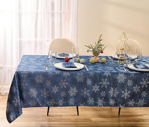 Miniatura 8 de Kadut Mantel de Navidad, mantel de copo de nieve blanco y dorado, mantel de tela metálica. Eleva tu decoración de comedor para una impresionante