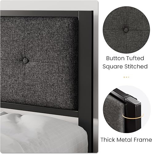 Miniatura 12 de Sha Cerlin - Marco de cama tapizado con botones y plataforma de punto, cuadrado, con cabecero, sin necesidad de somier, color gris oscuro Gris