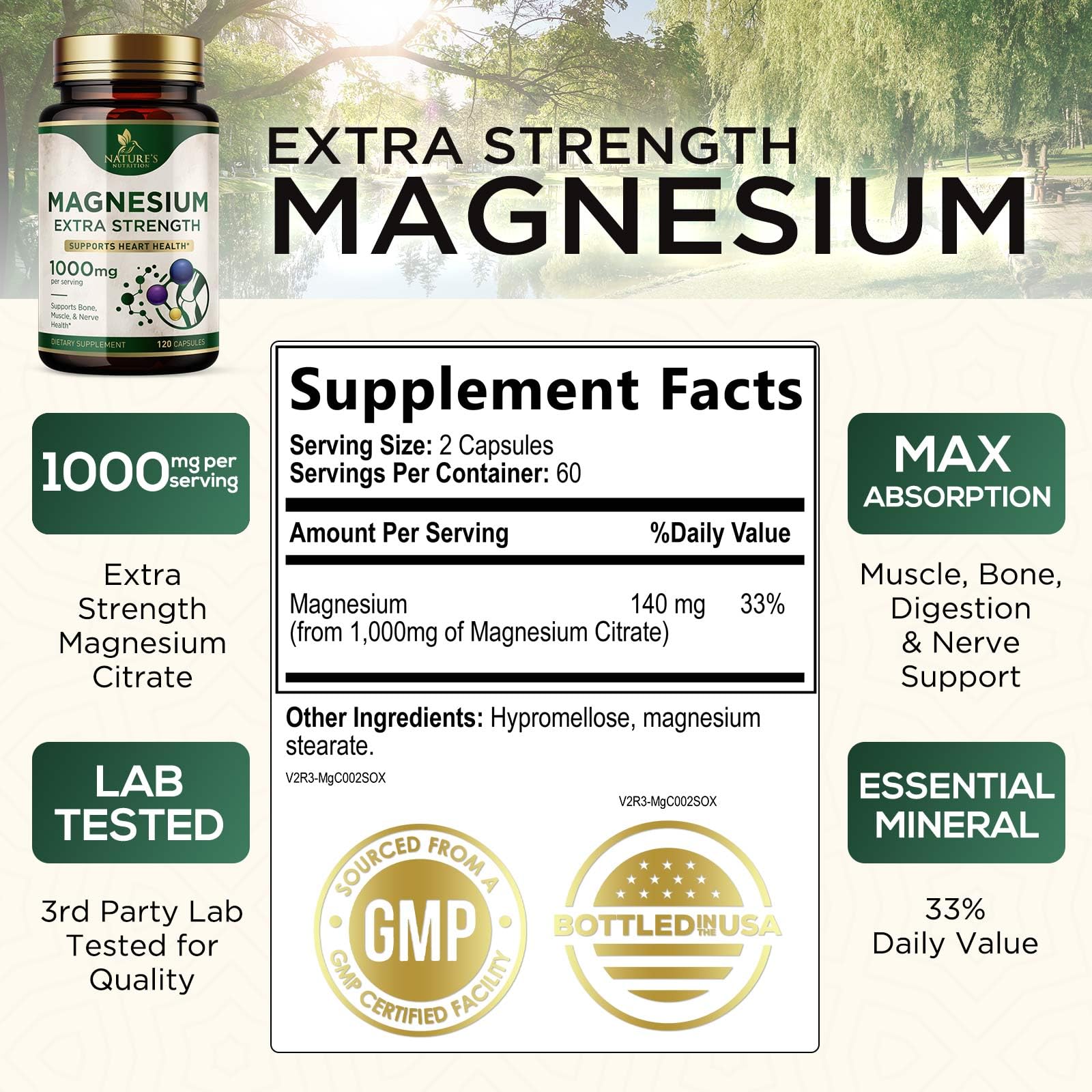 Magnesium Citrate 1000mg Extra Strength Magnesium Supplement for Bone, Muscle, Nerves & Heart Health Support, Natural Magnesium for Constipation, Calm & Relaxation Support, USA Bottled - 120 Capsules — Amazon image 2