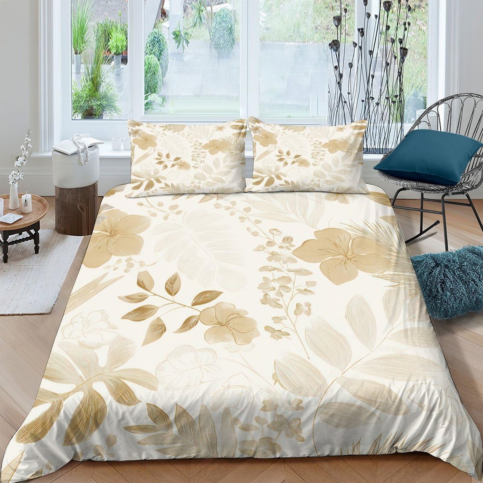 Ctjqhvkz Style-4 3D Printed Beige Botanical Fitted Sheet Microfiber Soft Floral Mattress Cover For Bedroom Guest Room Decor Single（135X200cm）