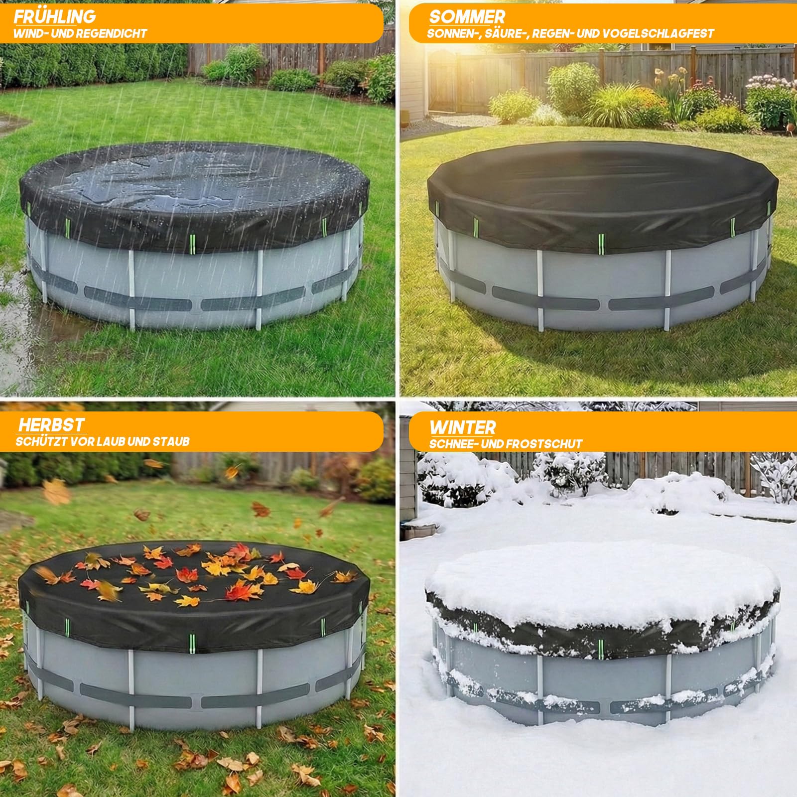 2026 Upgrade Poolabdeckung Rund 366 cm – mit Reflexstreifen und Eine gewogen Werden& 210D Oxford | Ganzjahresplane für Sommer und Winter (schwarz, 366CM)