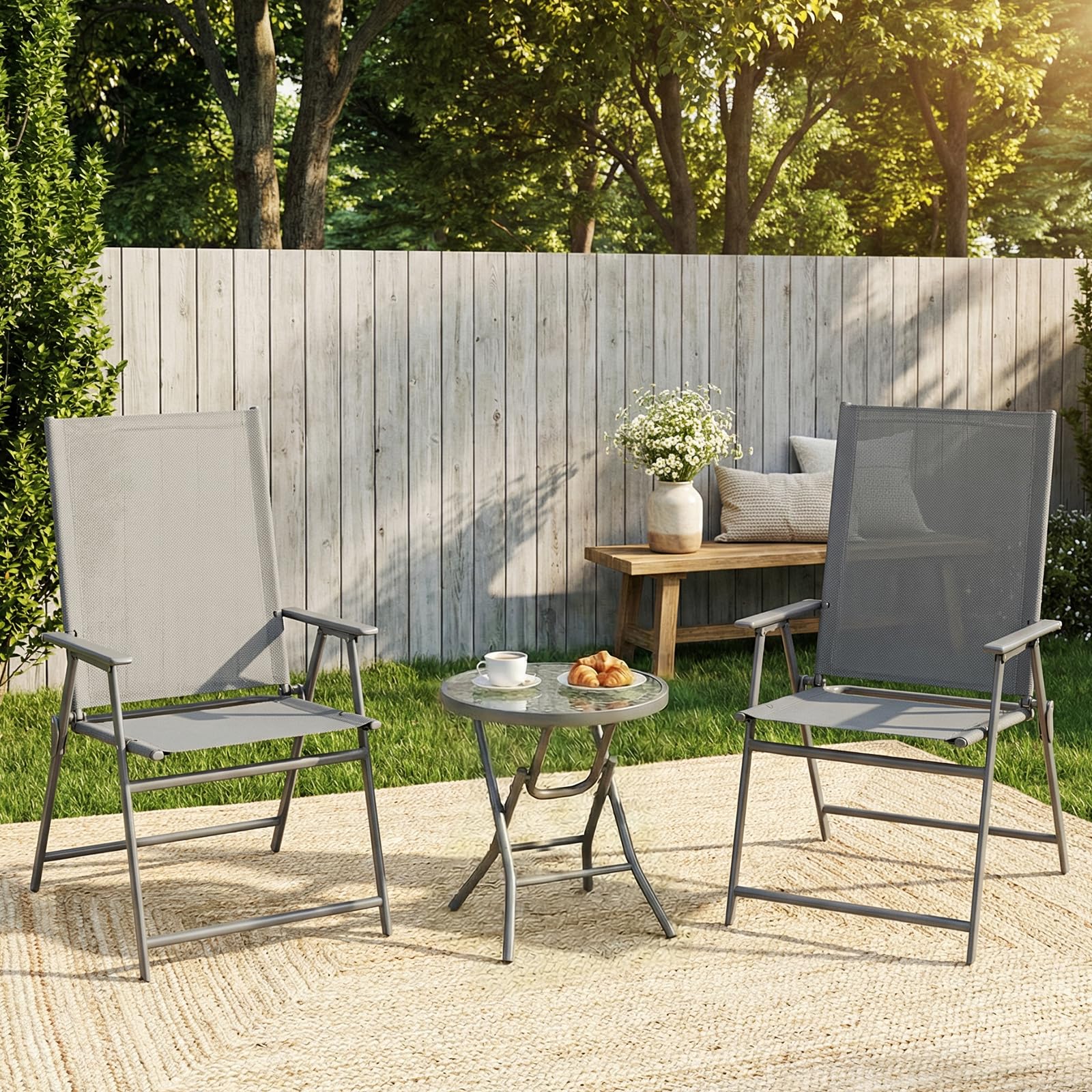 LIFERUN Gartenstühle 2er Set, Klappstühle mit Rückenlehne Armlehnen, Metall Gestell, Bis 120kg Belastbar, Leicht Klappstuh für Camping, Garten, Terrasse und Balkon, Dunkelgrau