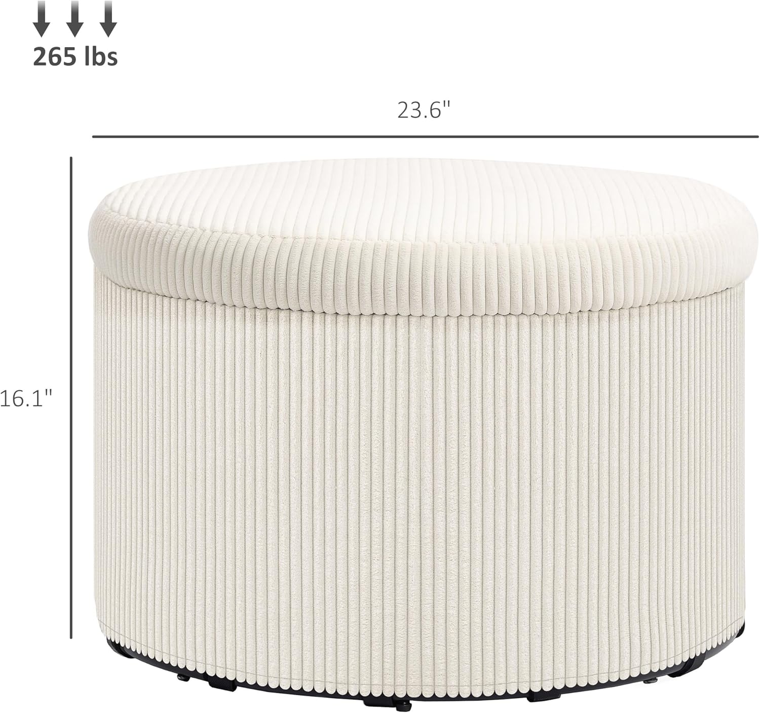 Diagram showing dimensions and weight capacity of the ottoman