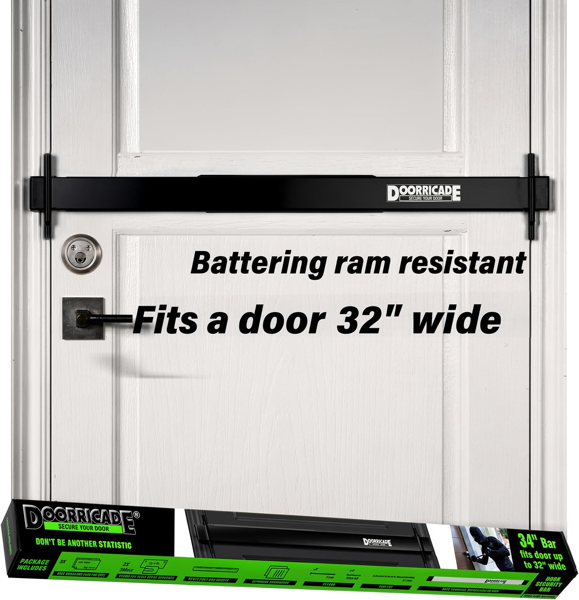 Door Security Bar-by Doorricade-Secure The Entire Width of Your Inward Opening Front Door-Safe Room. Fits Doors up to 32" Wide-Black Edition.