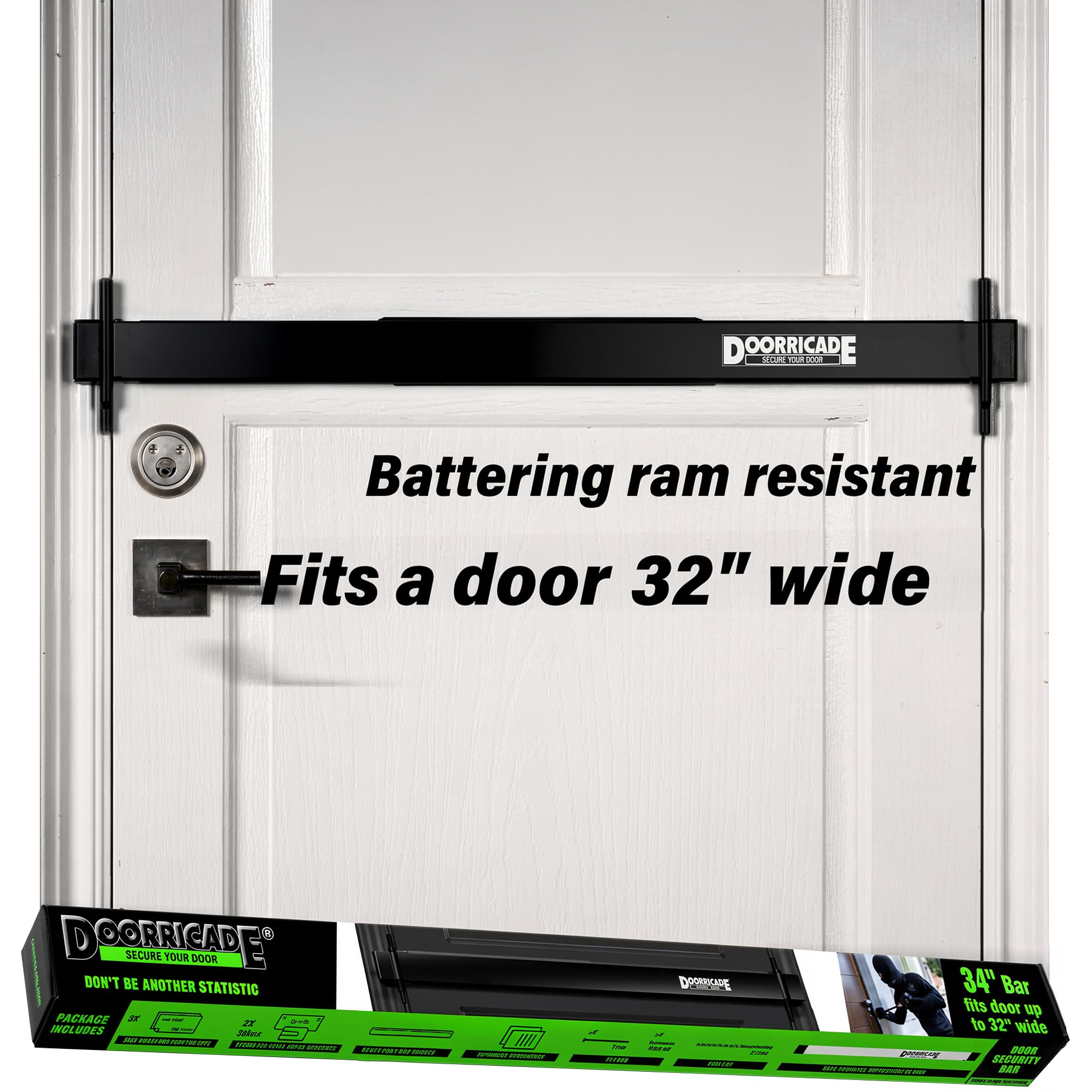 Doorricade - Barra de seguridad para puerta que asegura todo el ancho de tu puerta delantera de apertura interior. Se adapta a puertas de hasta 32 pulgadas de ancho, edición negra.