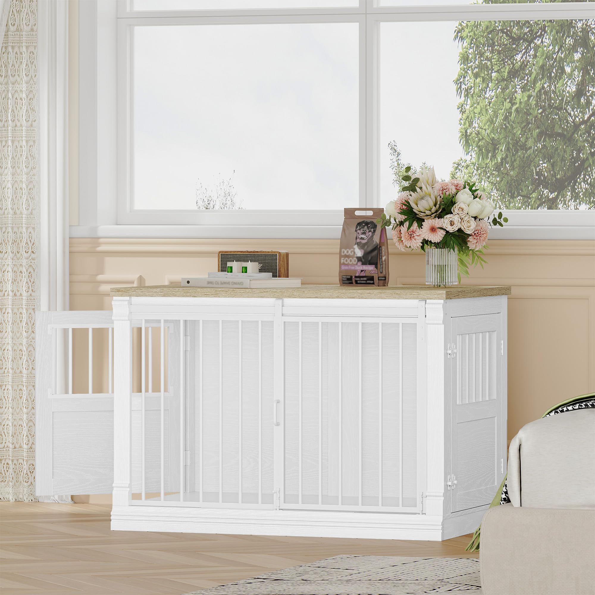 HEXCELEN 101cm Jaula para Perros, Mueble Mascotas Interior, Jaula Perro Grande para Casa de Madera, 3 Puertas, Mesa Auxiliar, Apto para Perros Medianos, 101 x 60,5 x 70 cm, Roble Blanco y Blanco