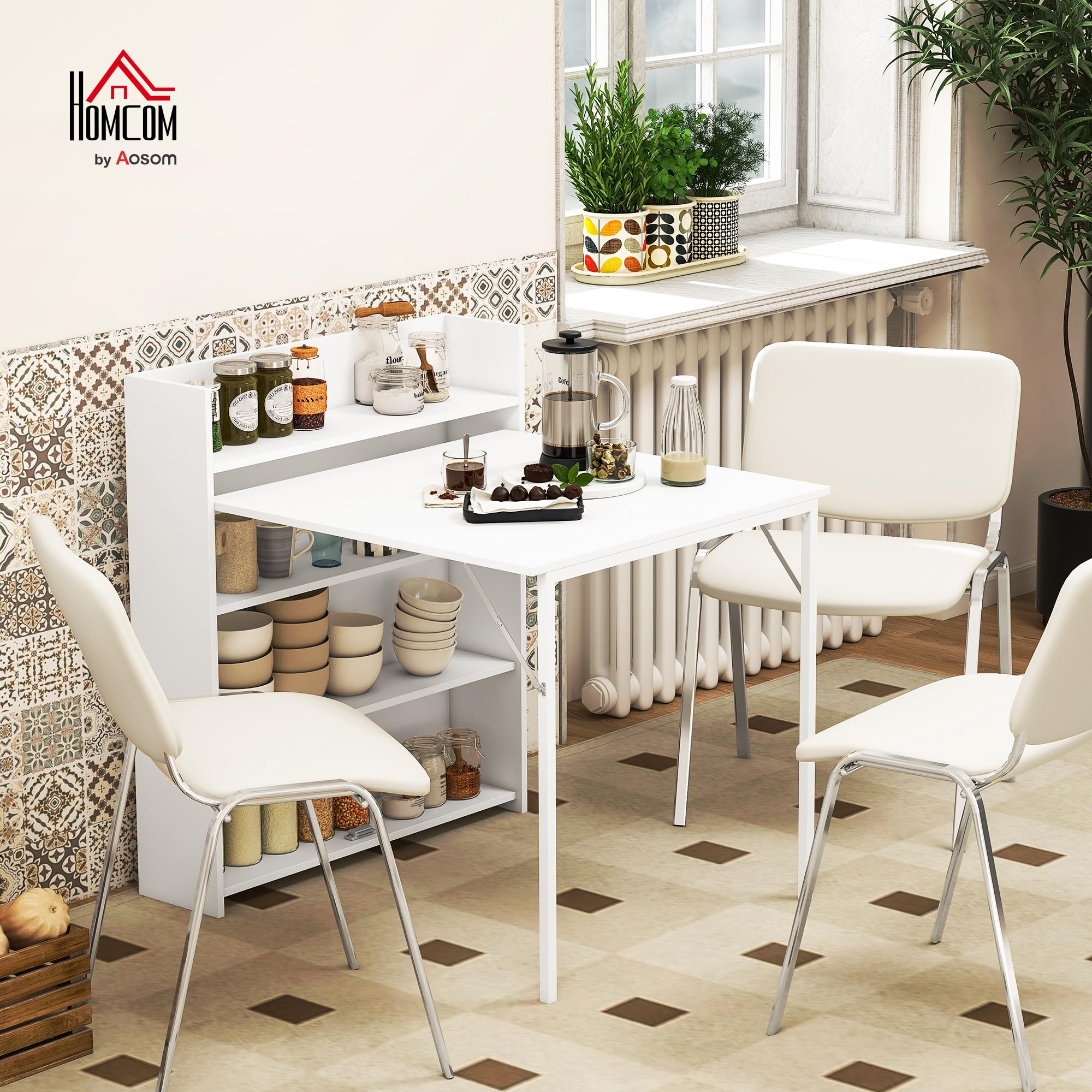 HOMCOM Esstisch Klappbar Küchentisch für 3 Personen mit 4-stufigen Regalen, Klapptisch Moderner Esszimmertisch für kleine Räume, Küche, 78,5 x 91 x 93 cm, Weiß