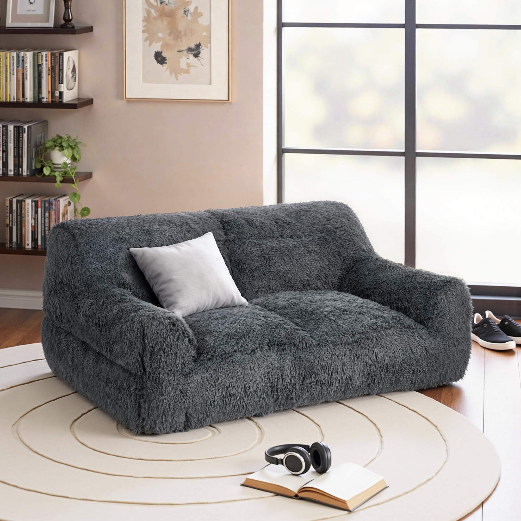 Pamapic Pouf Salon, Pouf Géant 2 Places avec Éponge de Remplissage, Fauteuil Salon en Fausse Fourrure, Doux et Confortable, Idéal pour Salon, Chambre, Design Ergonomique pour Adulte, Enfant, Gris