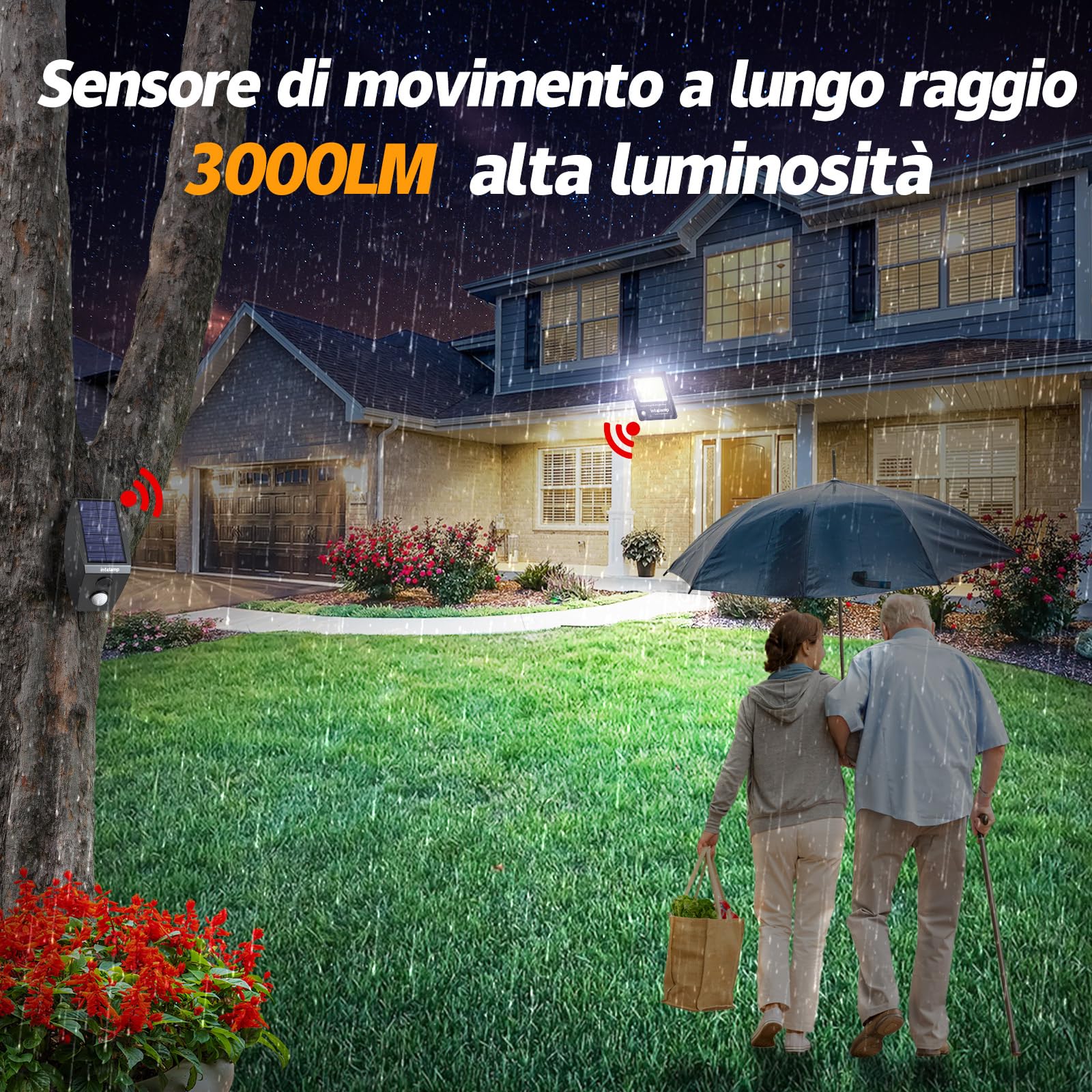 INTELAMP Faro Led Esterno Con Pannello Solare, 12000mAh Fari Solari a Led da Esterno 3000LM Impermeabile Lampione Solare Esterno con Telecomando e Sensore,Funzione timer (Nero - 6500K)