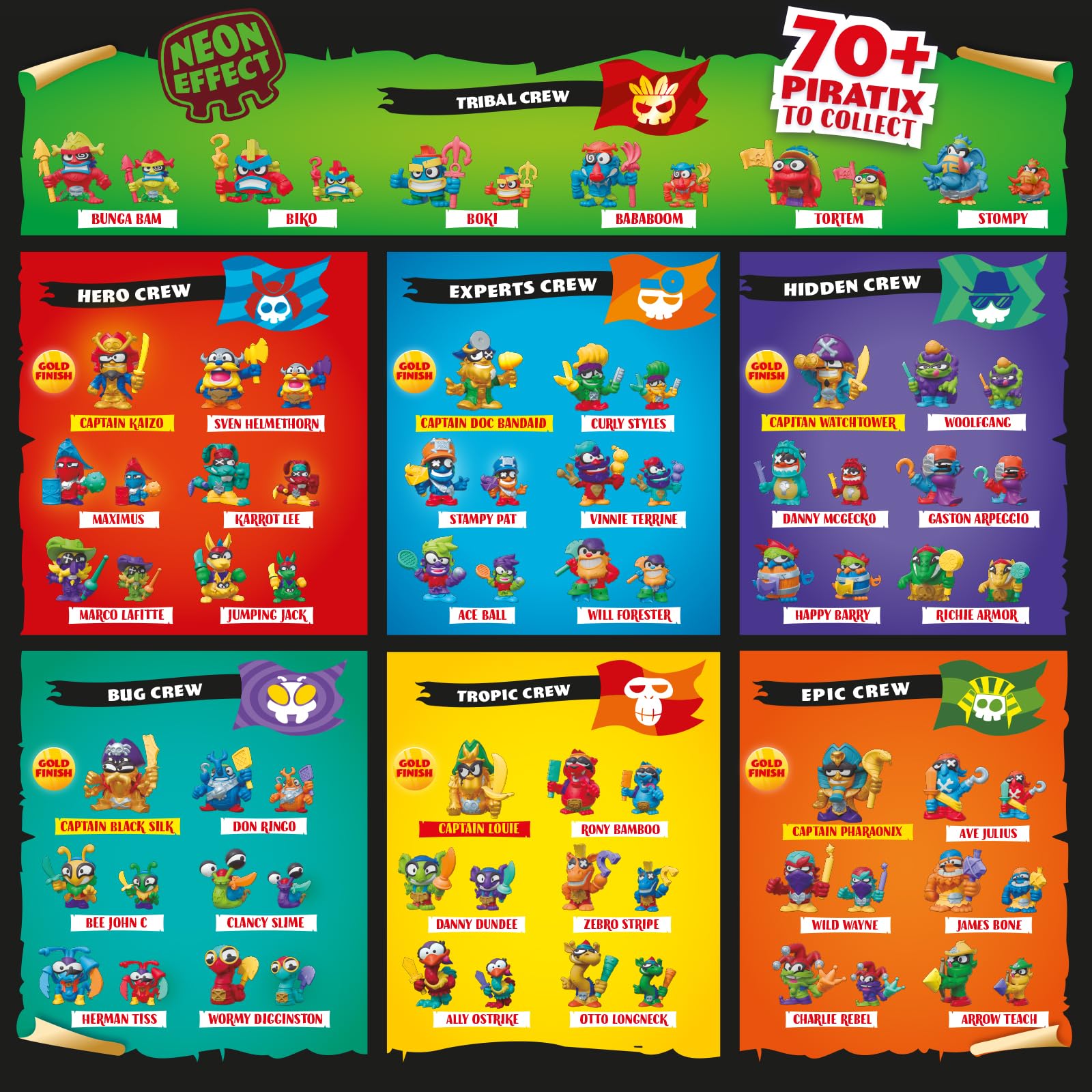 PIRATIX ADVENTURE WORLD Seria Crazy Jungle, 4 Pack – zestaw zawiera 4 figurki Piratix: 1 z efektem neonu i 1 niespodziankę oraz 4 akcesoria z efektem neonu. Zestaw 2 z 6