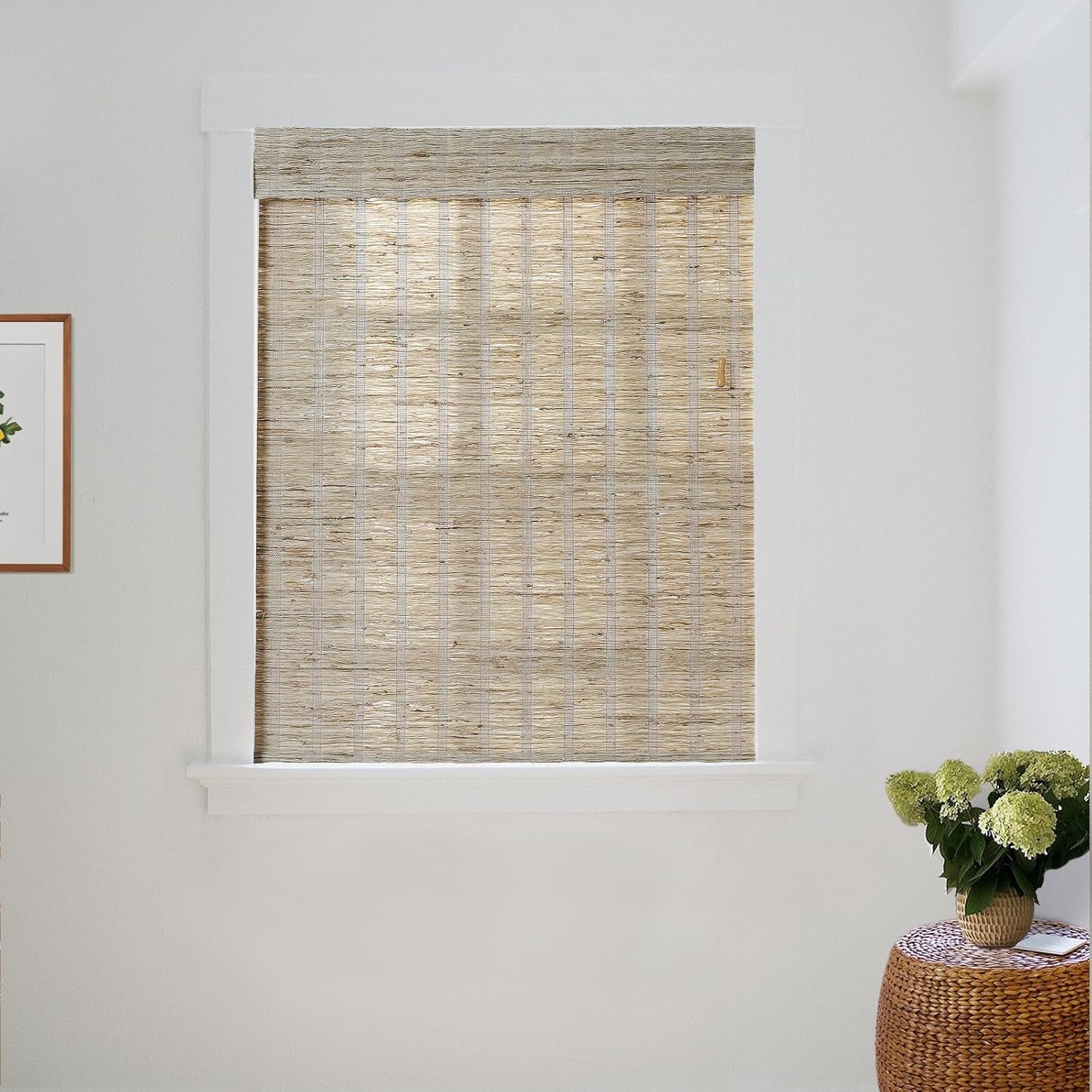 TWOPAGES Natural Woven No Drill Roman Shades, Custom Cordless Light Filtering Bamboo Roman Blinds for Indoor Windows French Door, Almond