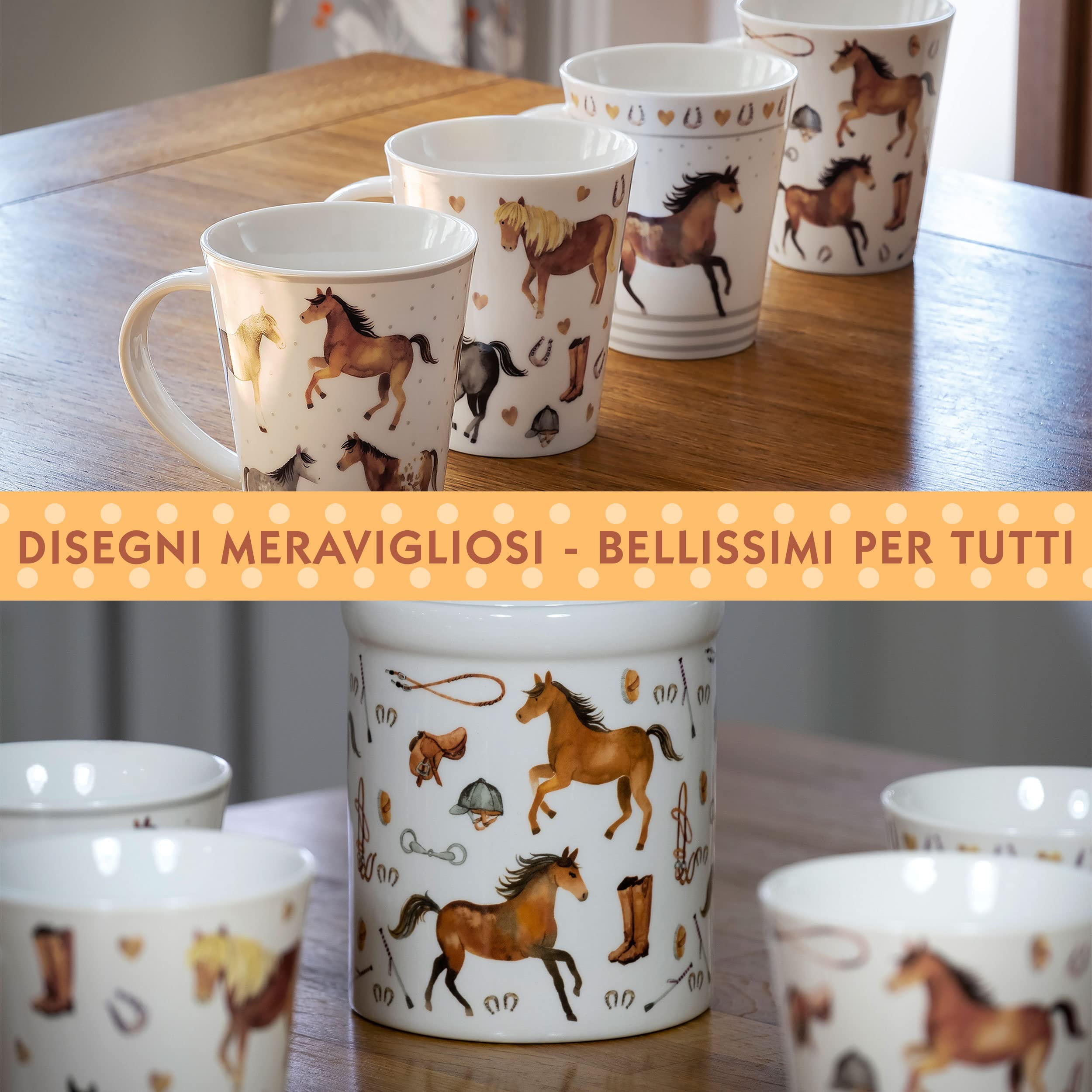 SPOTTED DOG GIFT COMPANY Set di 4 Tazze da Caffè in Ceramica 360 ml per Caffè e Tè, Tazze a Tema Cavallo, Idee Regalo Cavalli per Donne Uomini e Ragazze