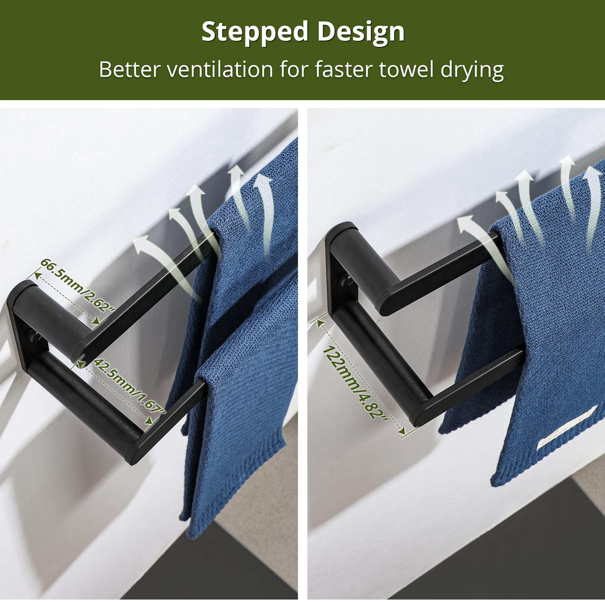 SAYAYO Black Towel Rail Wall Mounted Double Hand Towel Holder, 2-Tier Large Bath Towel Rack Heavy Duty for Bathroom Kitchen 42CM - Image 3