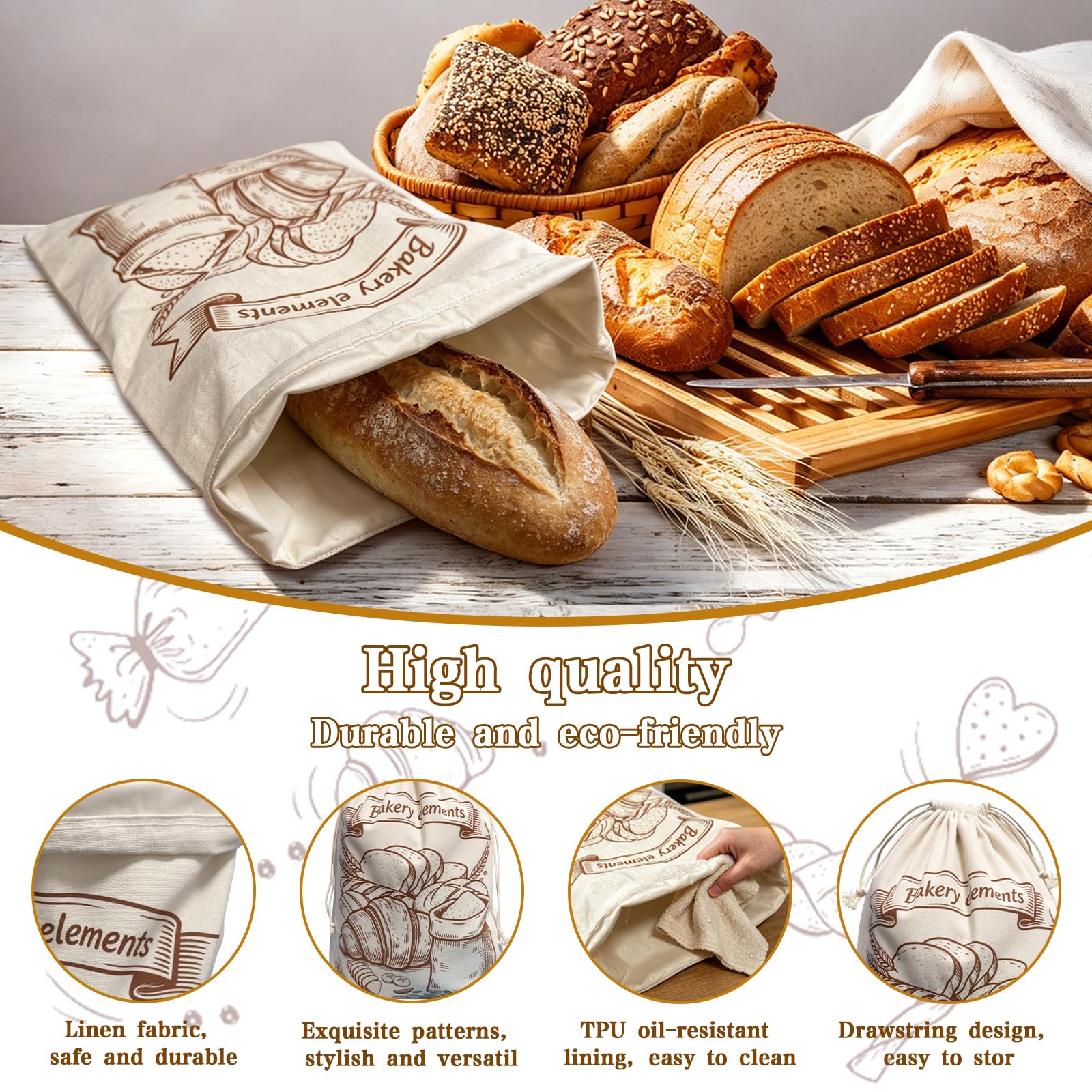Sac a Pain Cire Abeille en Lin 45x35 cm Doublée TPU Cordon de Serrage Conservation prolongée Lavable résistant