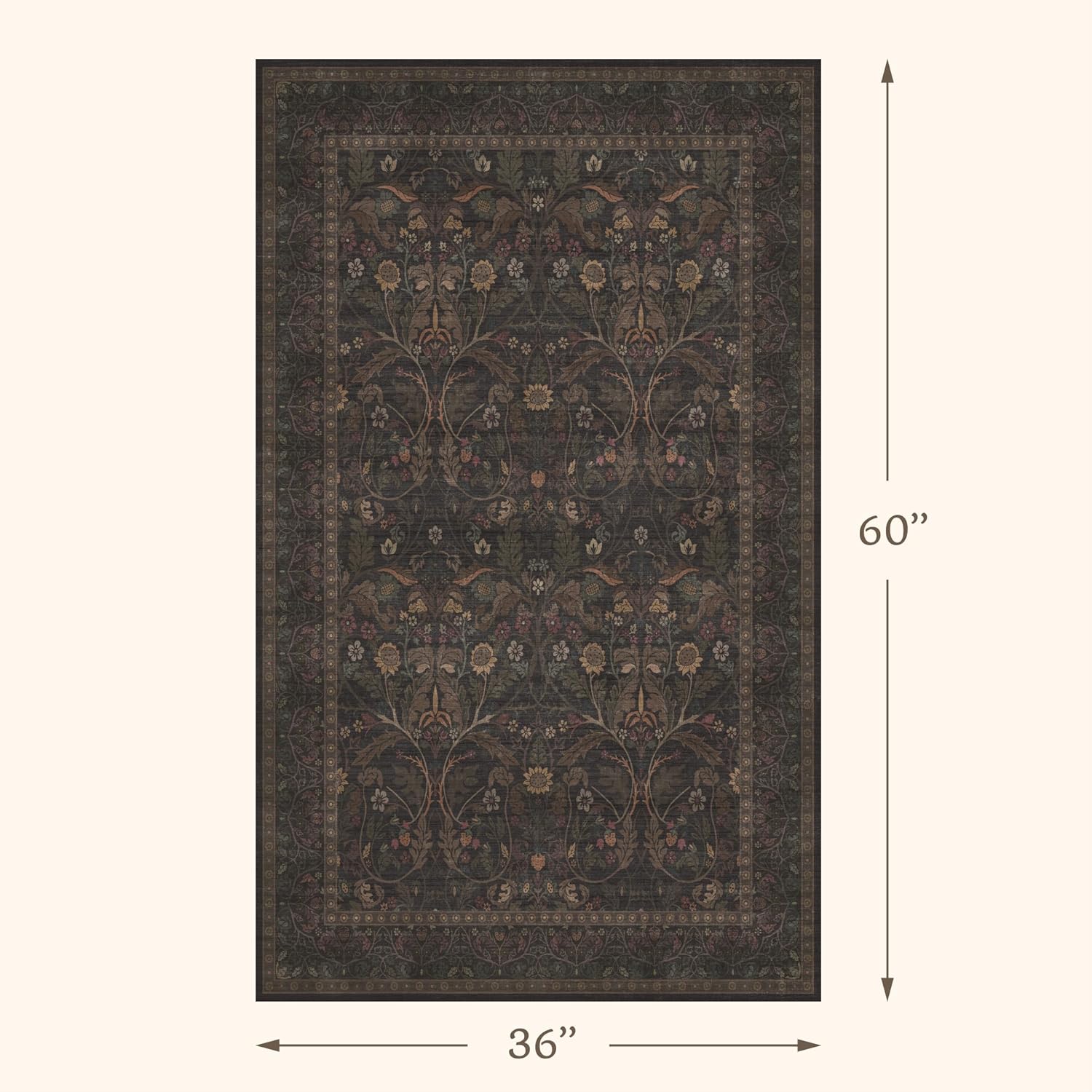 3x5 Rustic Brown Large Entry Way Area Rugs Indoor Washable - Non-Slip Low Pile Kitchen Floor Mats, Floral Botanical Bedroom Rug, Thin Waterproof Laundry Room Rugs Stain Resistant
