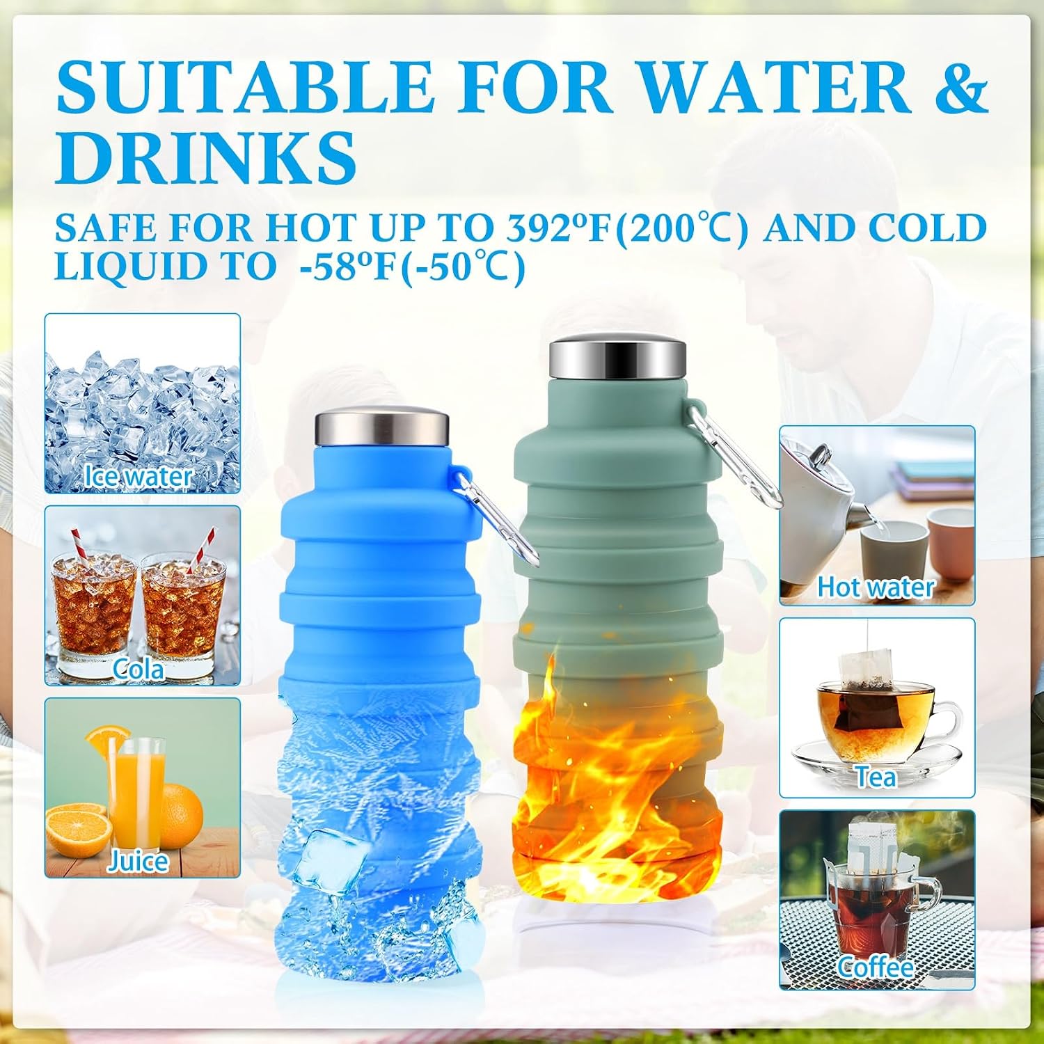 Lallisa 4 Pcs Collapsible Water Bottles 17 oz Reusable Silicone Foldable Travel Water Bottle Portable Leak Proof Sports Bottles for Gym Camping Hiking (Army Green, Orange, Blue, Black)