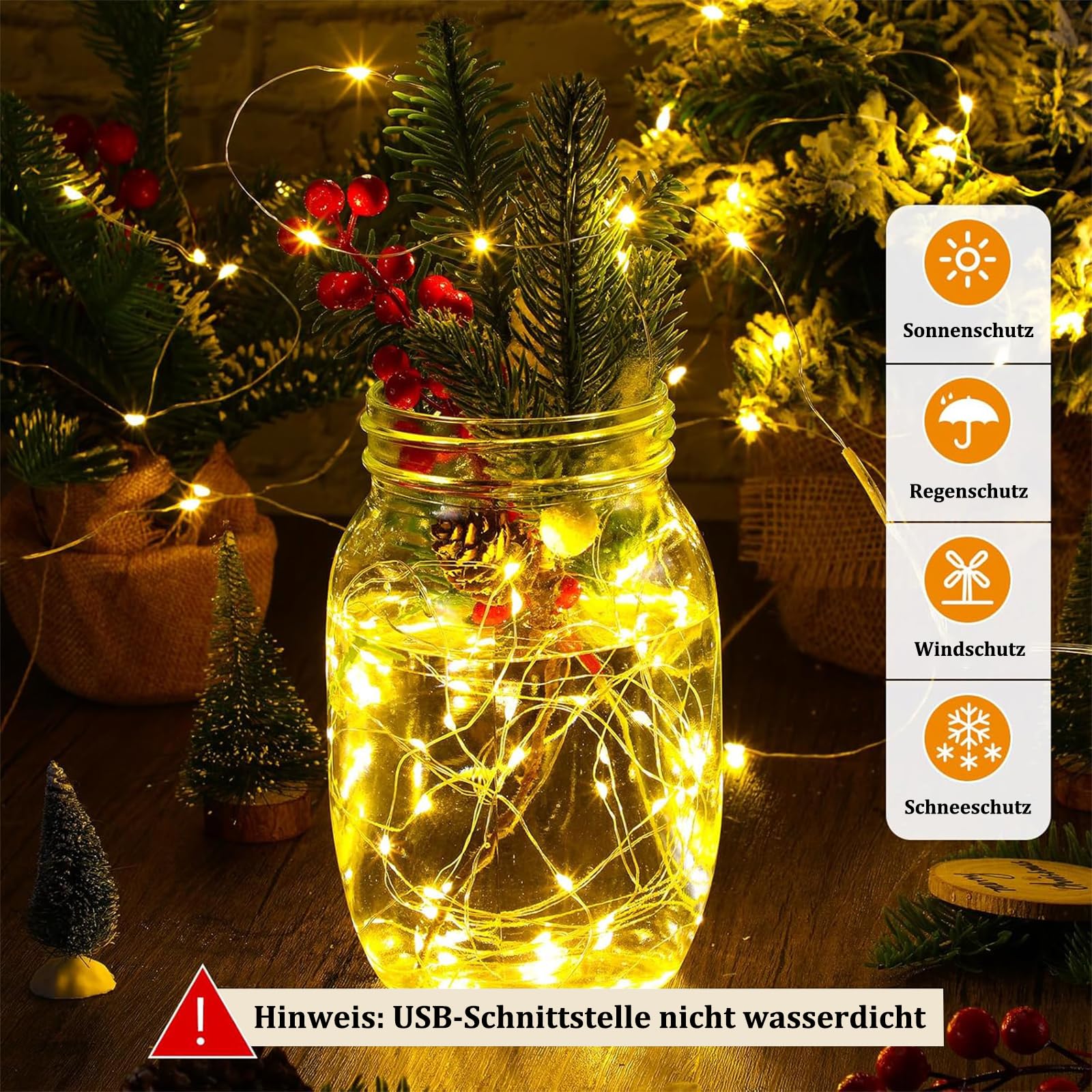 Kaleora LED Kupferdraht Lichterkette, 5M 50 LED Warmweiß Lichterkette mit Stecker, USB-Betrieben, Micro Draht Lichterketten für Weihnachten Halloween Hochzeit Innen Party Deko Beleuchtung