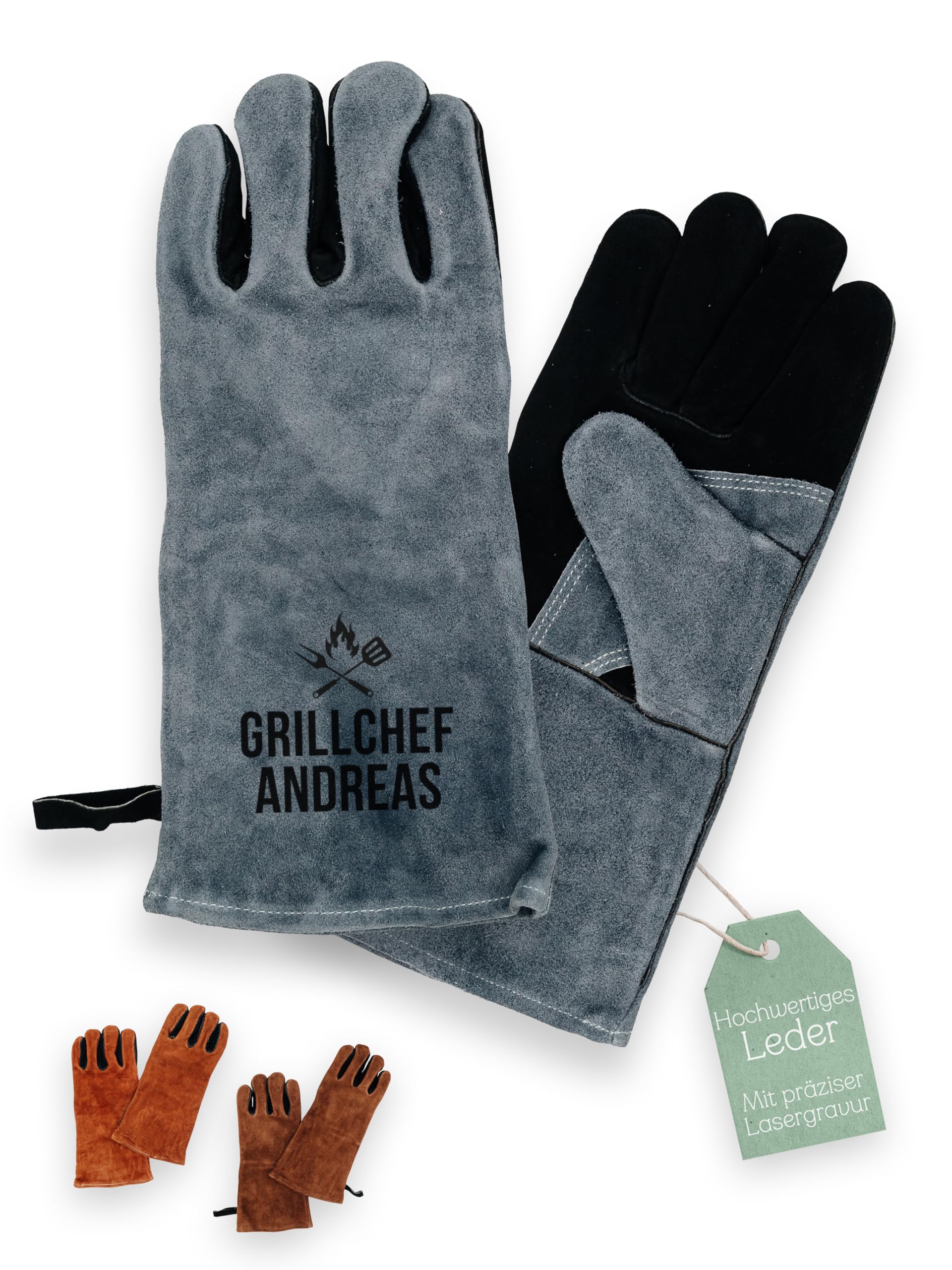 personalisierter Grillhandschuh Leder, Geschenk für Papa den Outdoor Grill und BBQ Barbecue Fan zum Vatertag Geburtstag für den Mann (Grillchef grau, linke Hand)