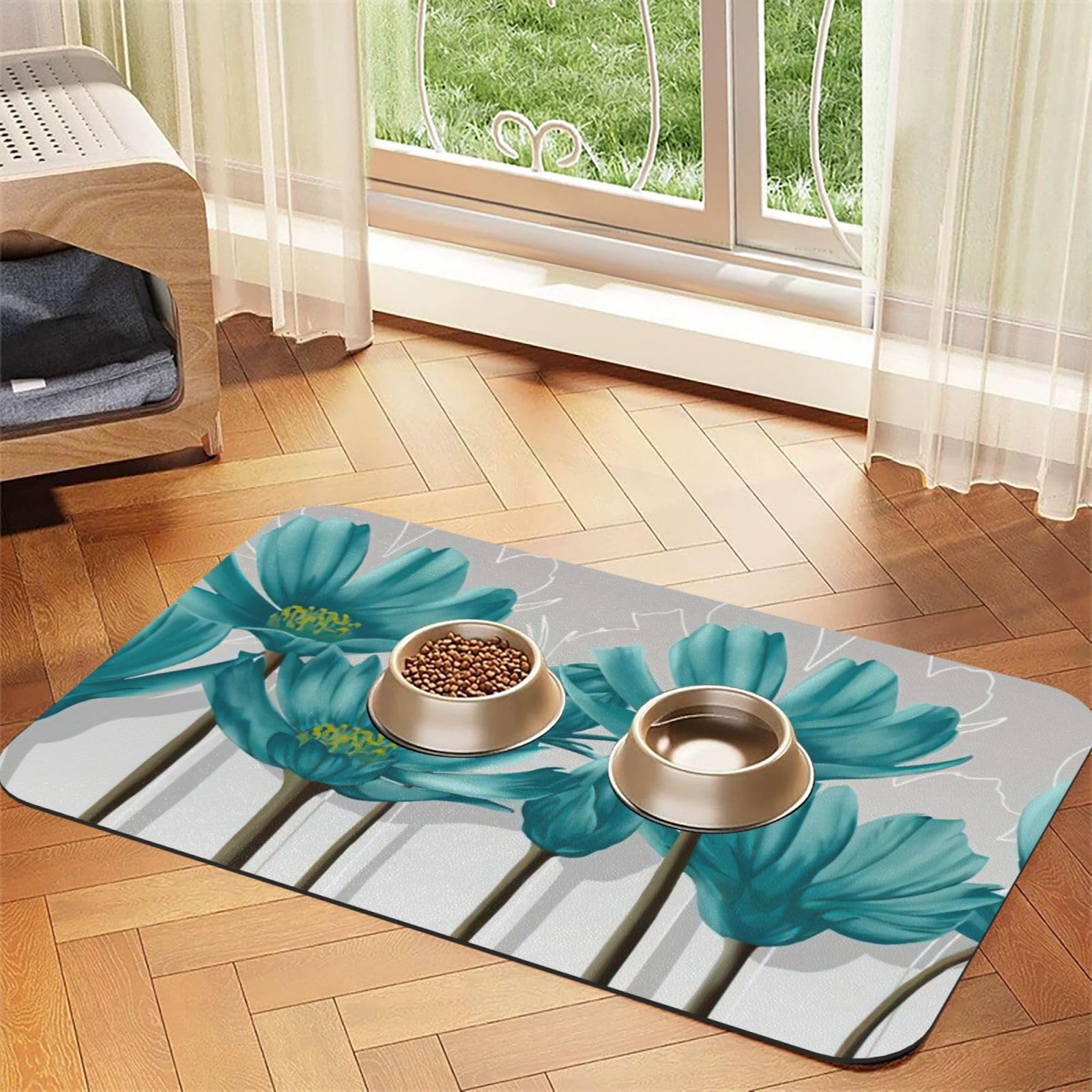 Tapis d'alimentation chien et chat cuir synthétique imprimé floral bleu