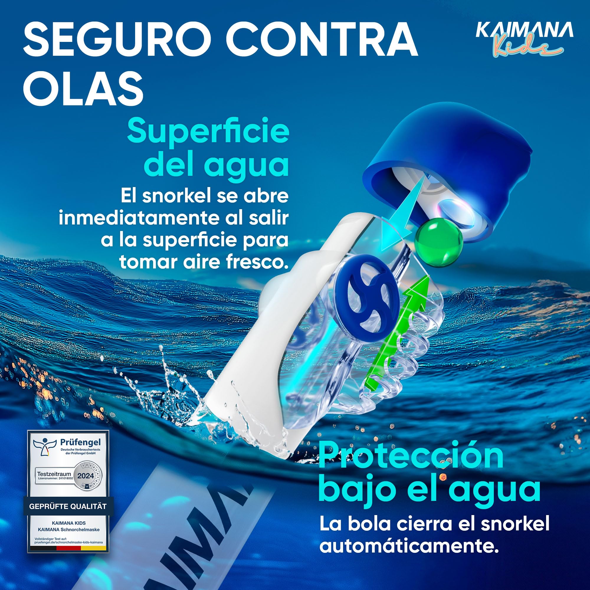 KAIMANA® Máscara Snorkel Niño Integral – Máscara Buceo Niño Full Face 4-10 Años con Sistema CO₂-Safe, Anti-Vaho y Anti-Filtraciones – Incluye Bolsa de Transporte